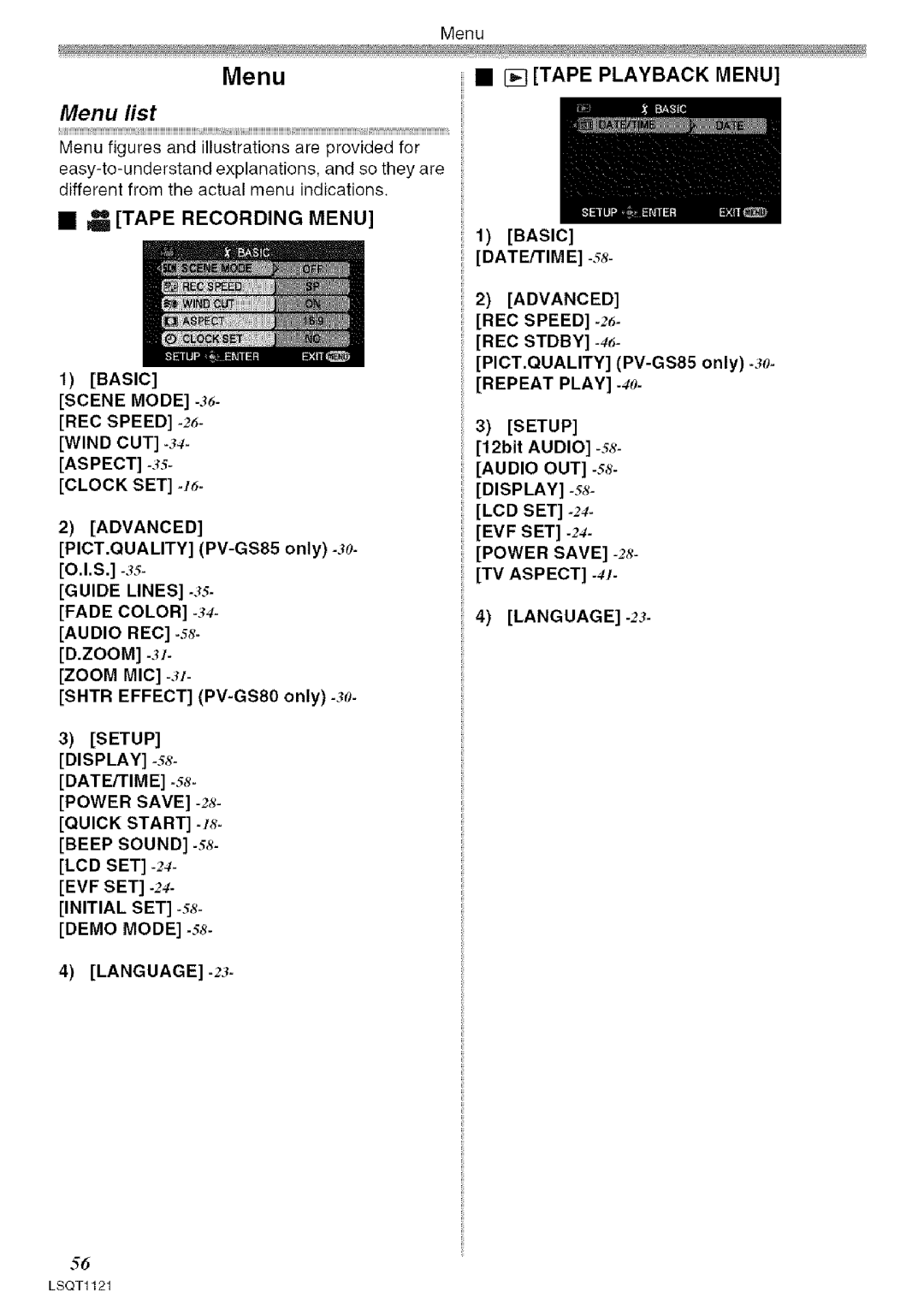 Panasonic PV-GS80 operating instructions Menu list, Tape Playback Menu, Tape Recording Menu, Advanced 