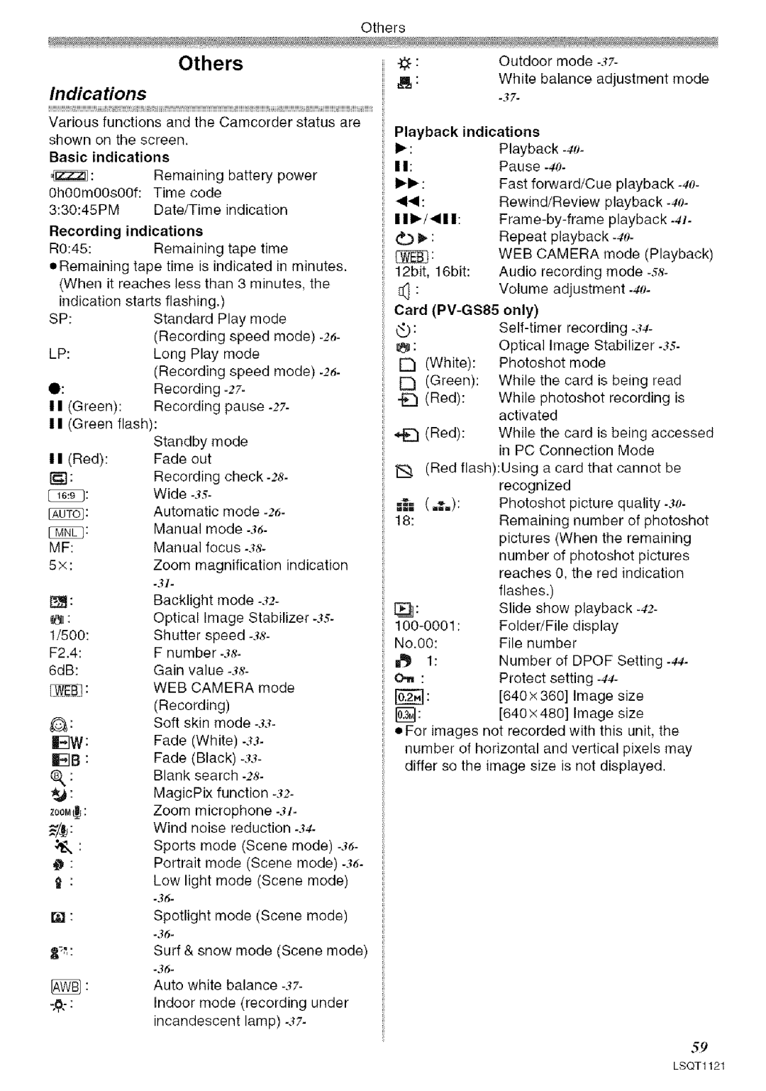 Panasonic PV-GS80 operating instructions Indications, Basic indications, Recording indications, WEB Camera 