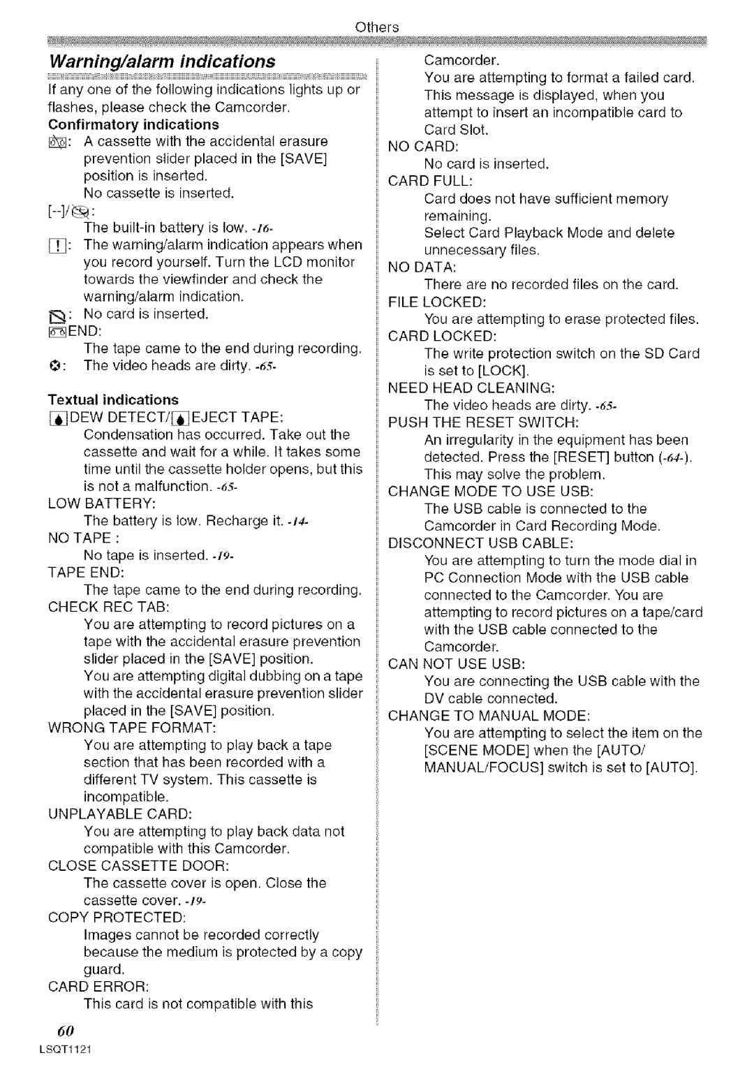 Panasonic PV-GS80 operating instructions Confirmatory indications 