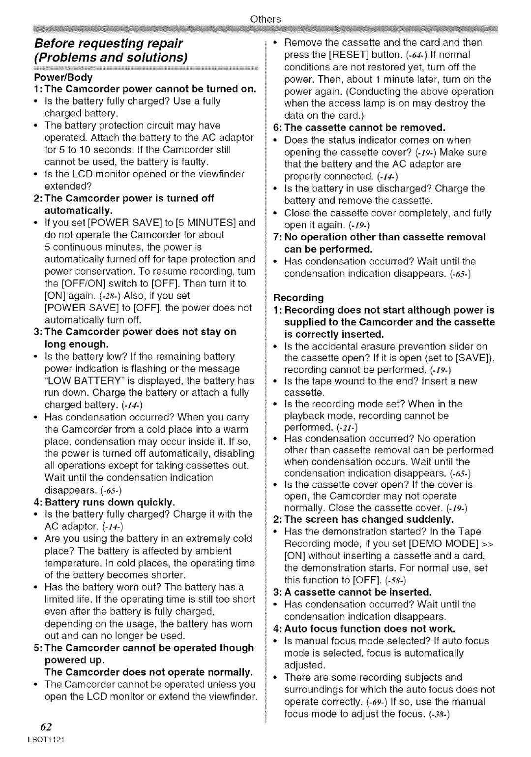 Panasonic PV-GS80 operating instructions Before requesting repair 