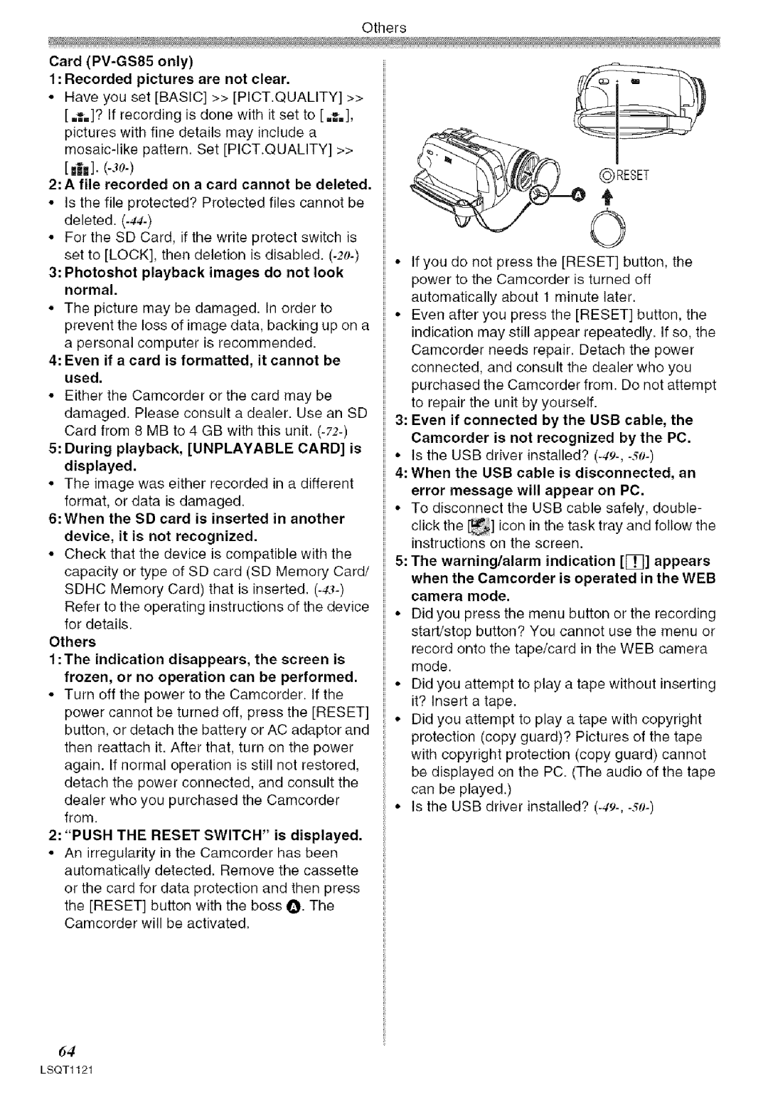 Panasonic PV-GS80 Card PV-GS85only Recorded pictures are not clear, File recorded on a card cannot be deleted 