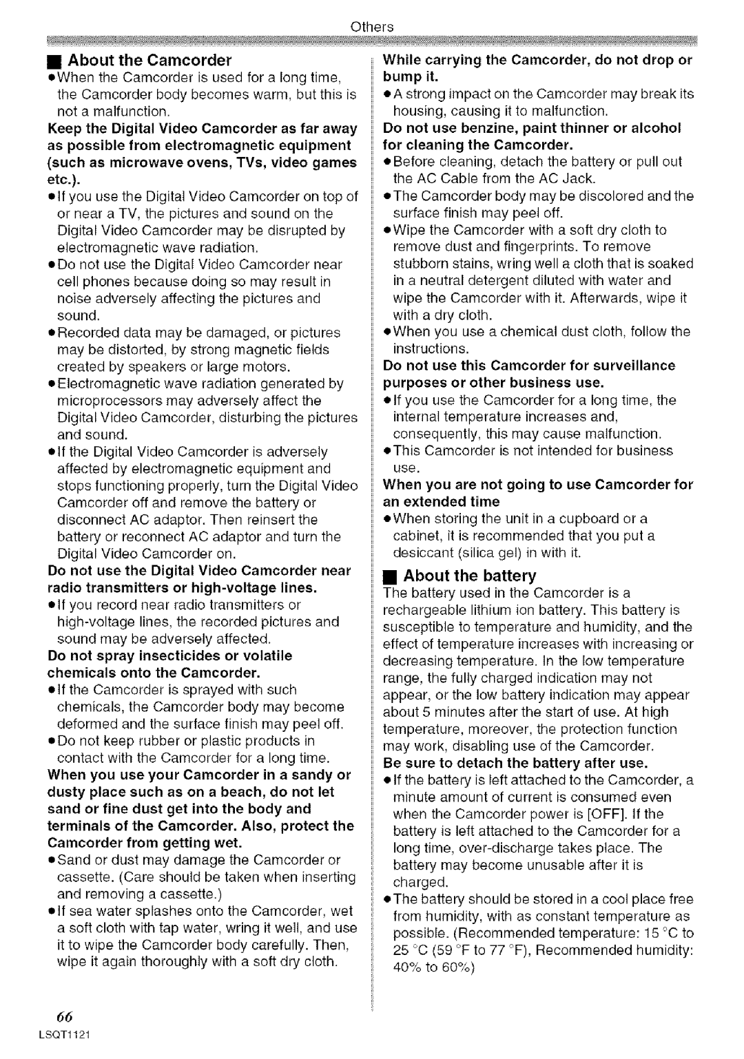 Panasonic PV-GS80 operating instructions About the Camcorder, While carrying the Camcorder, do not drop or bump it 