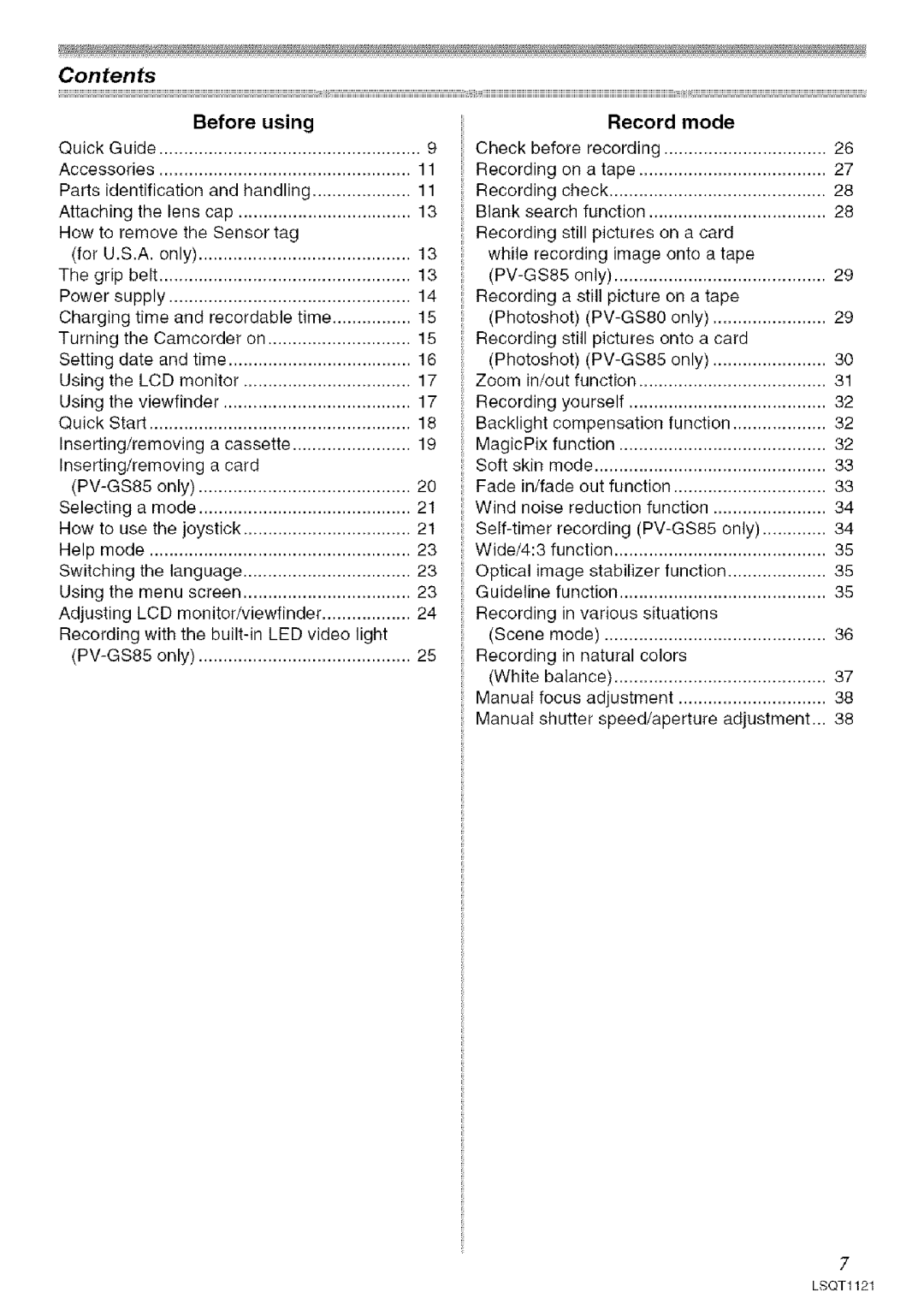 Panasonic PV-GS80 operating instructions Contents 