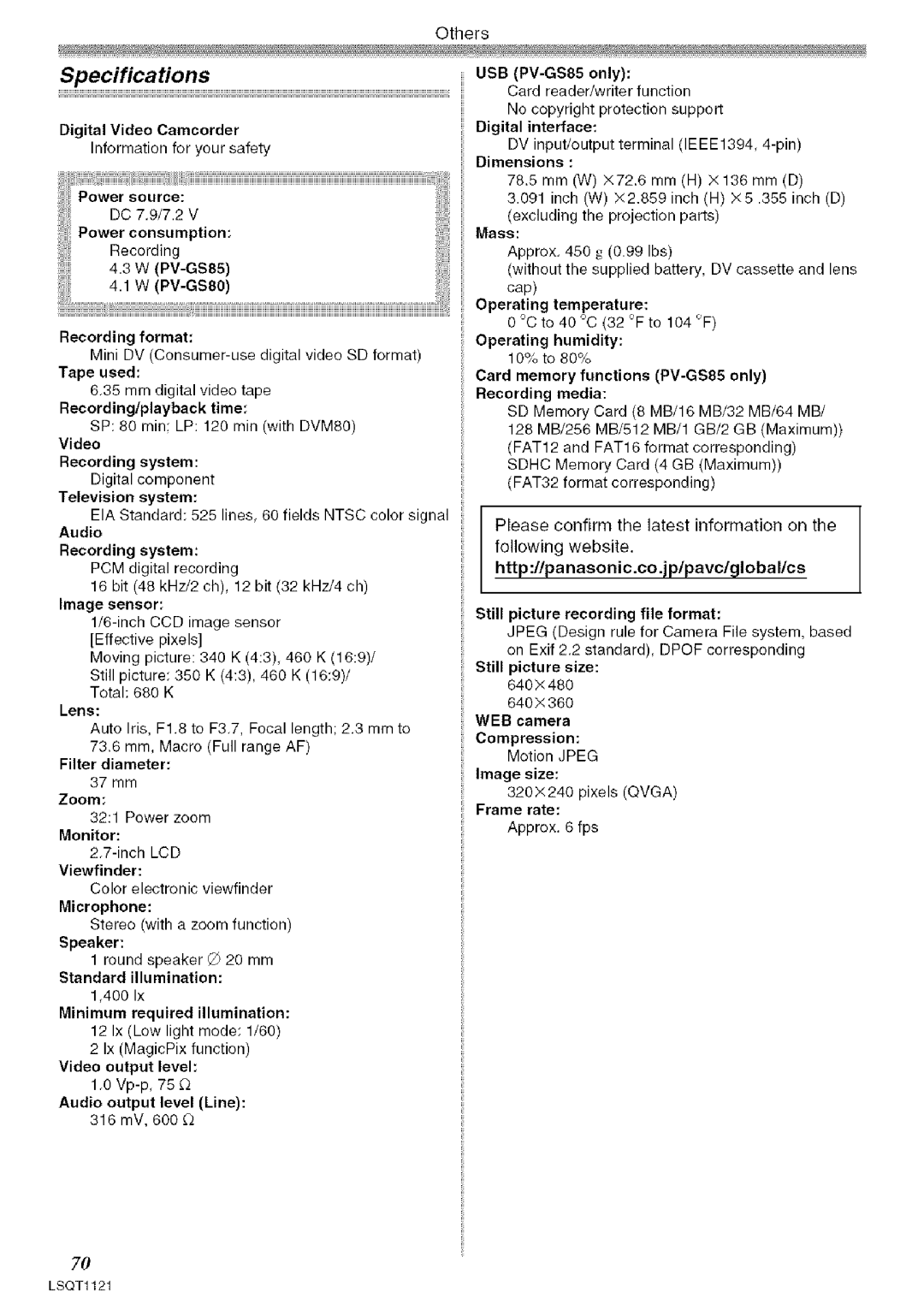 Panasonic PV-GS80 operating instructions Specifications, Recording format 