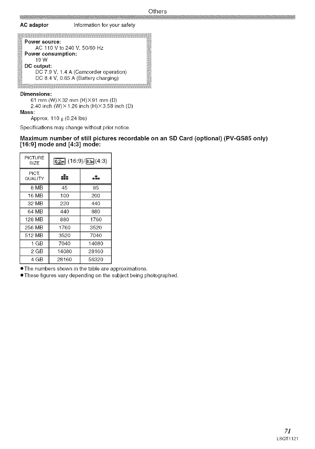 Panasonic PV-GS80 operating instructions Others AC adaptor 