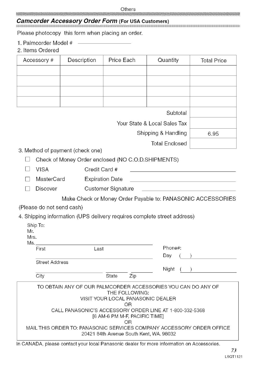 Panasonic PV-GS80 operating instructions Method of payment check one 