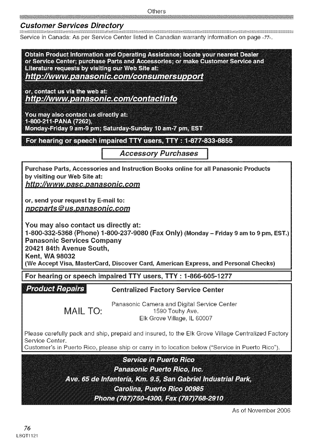 Panasonic PV-GS80 operating instructions Customer Services Directory, Ncmarts@us.panasonic.com 