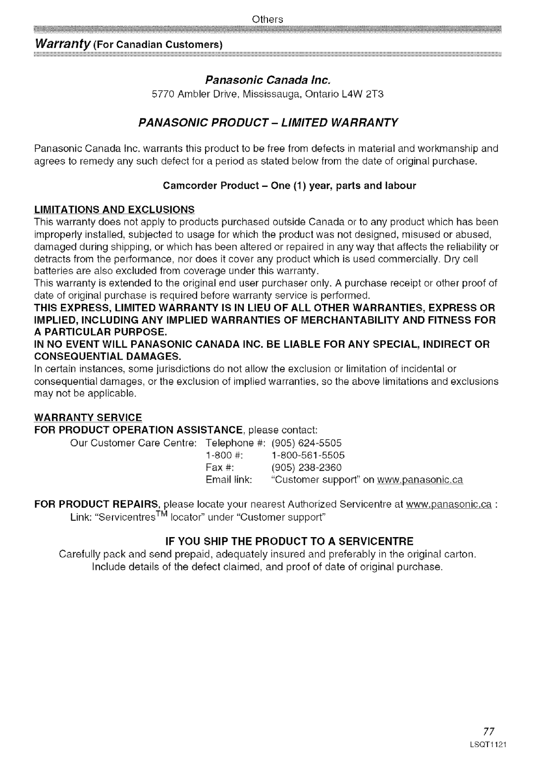 Panasonic PV-GS80 Warranty For Canadian Customers, Camcorder Product One 1 year, parts and labour, Warranty Service 