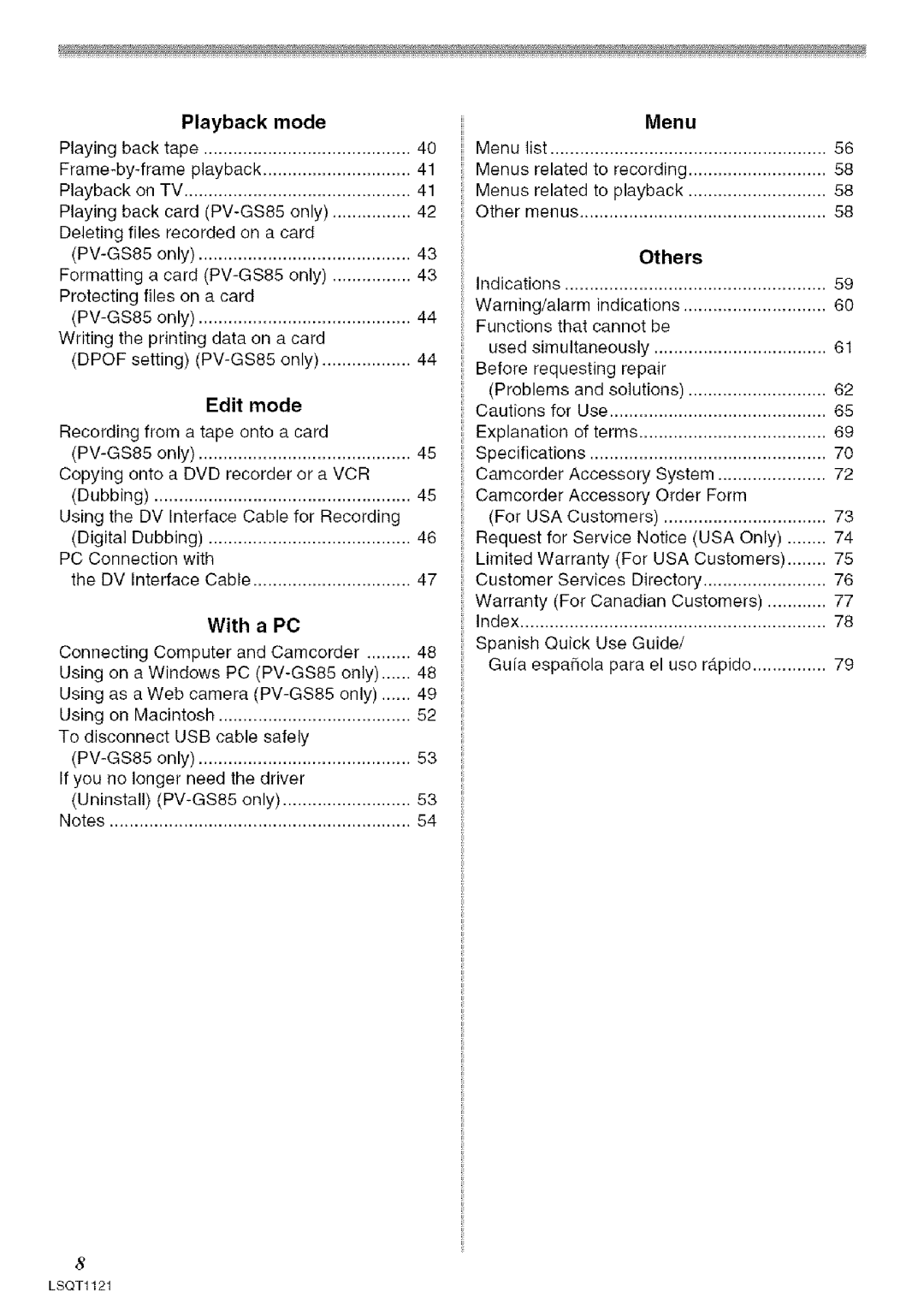 Panasonic PV-GS80 operating instructions Playback Mode, Edit Mode, With, Menu, Others 