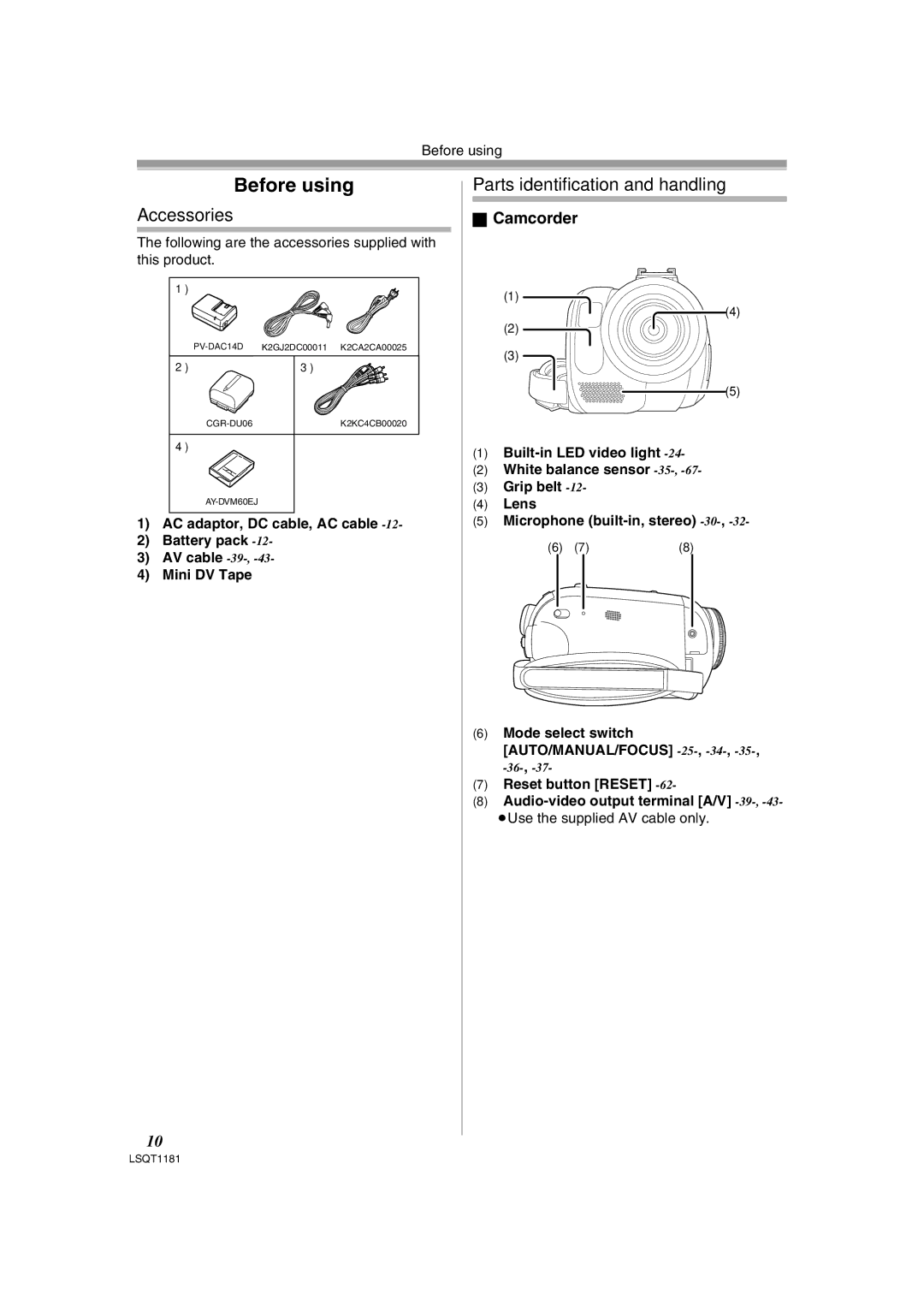 Panasonic PV-GS83 operating instructions Accessories, Parts identification and handling, Camcorder 