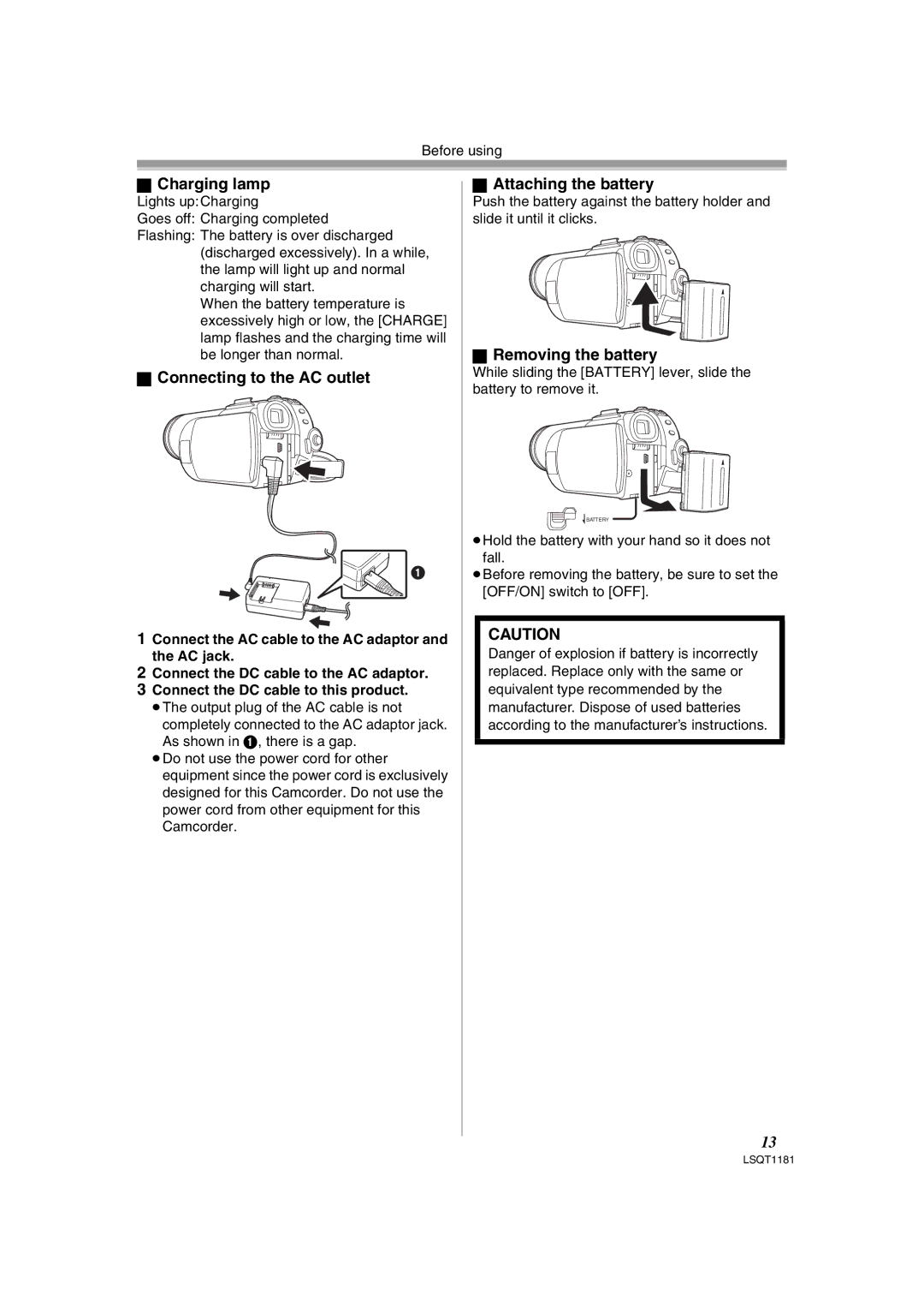 Panasonic PV-GS83 operating instructions Charging lamp, Connecting to the AC outlet, Removing the battery 