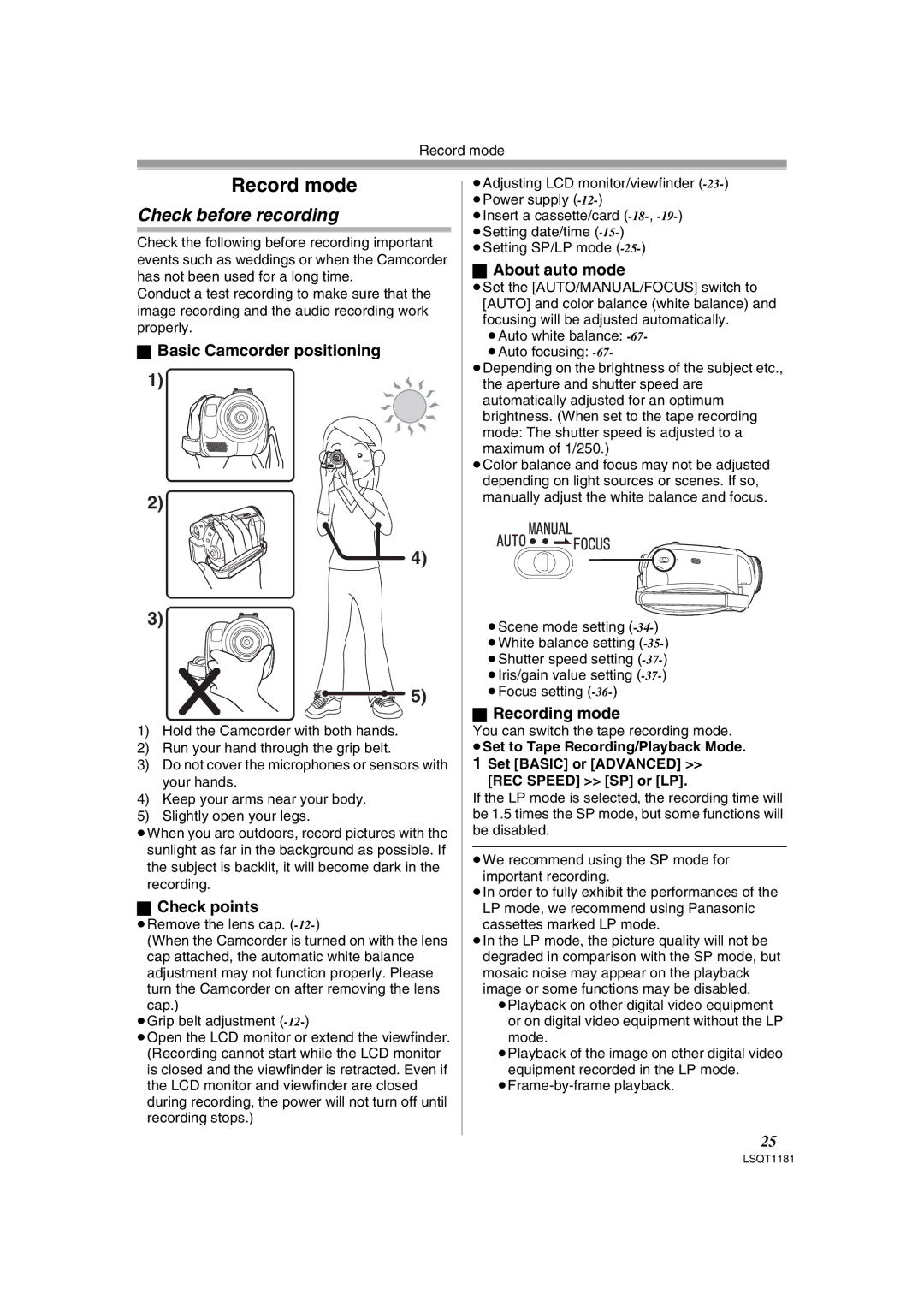 Panasonic PV-GS83 Check before recording, Basic Camcorder positioning, Check points, About auto mode, Recording mode 