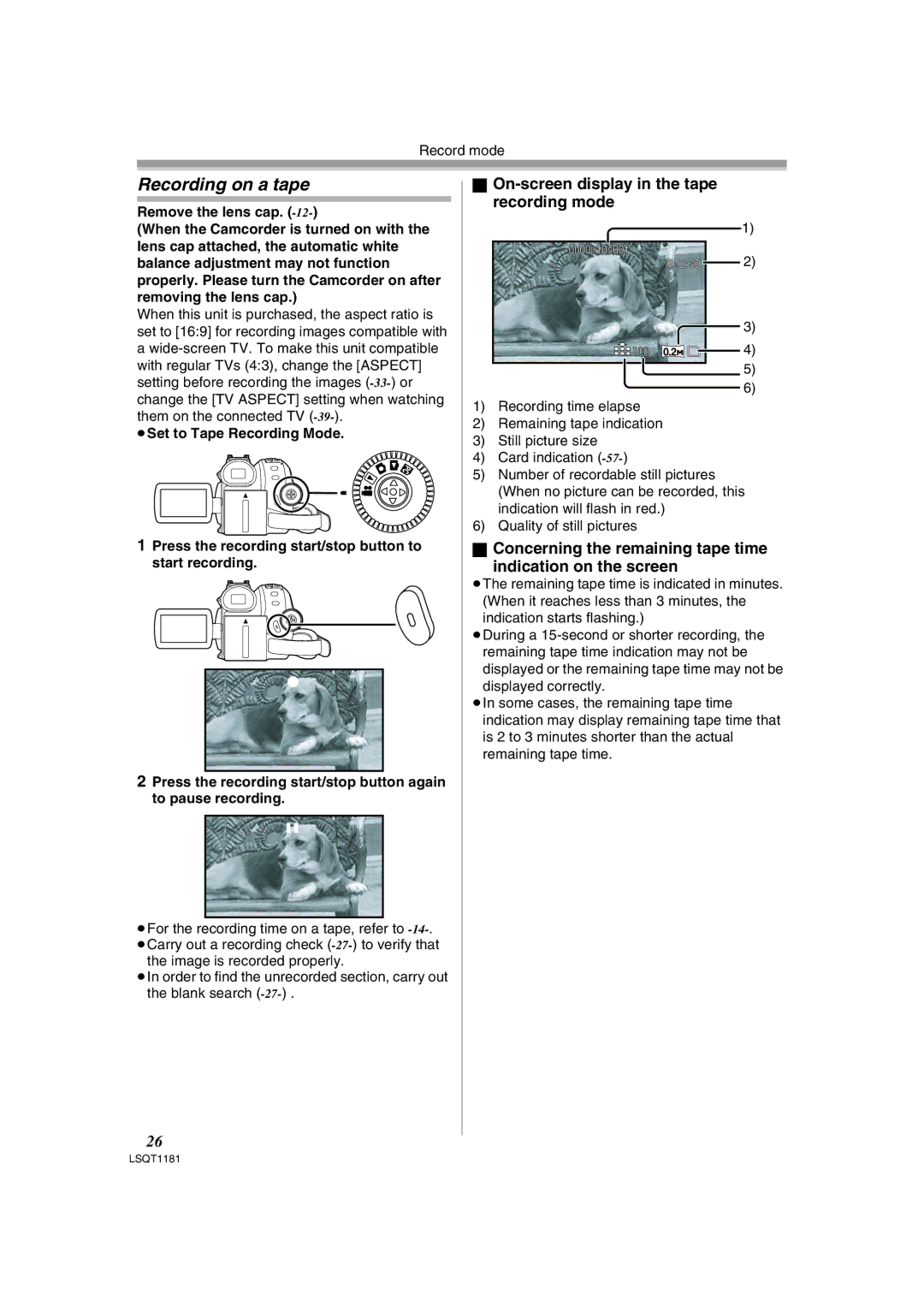 Panasonic PV-GS83 operating instructions Recording on a tape, On-screen display in the tape recording mode 