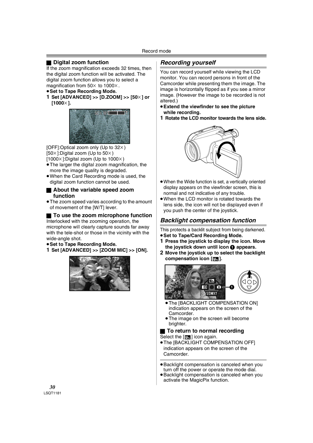 Panasonic PV-GS83 operating instructions Recording yourself, Backlight compensation function 