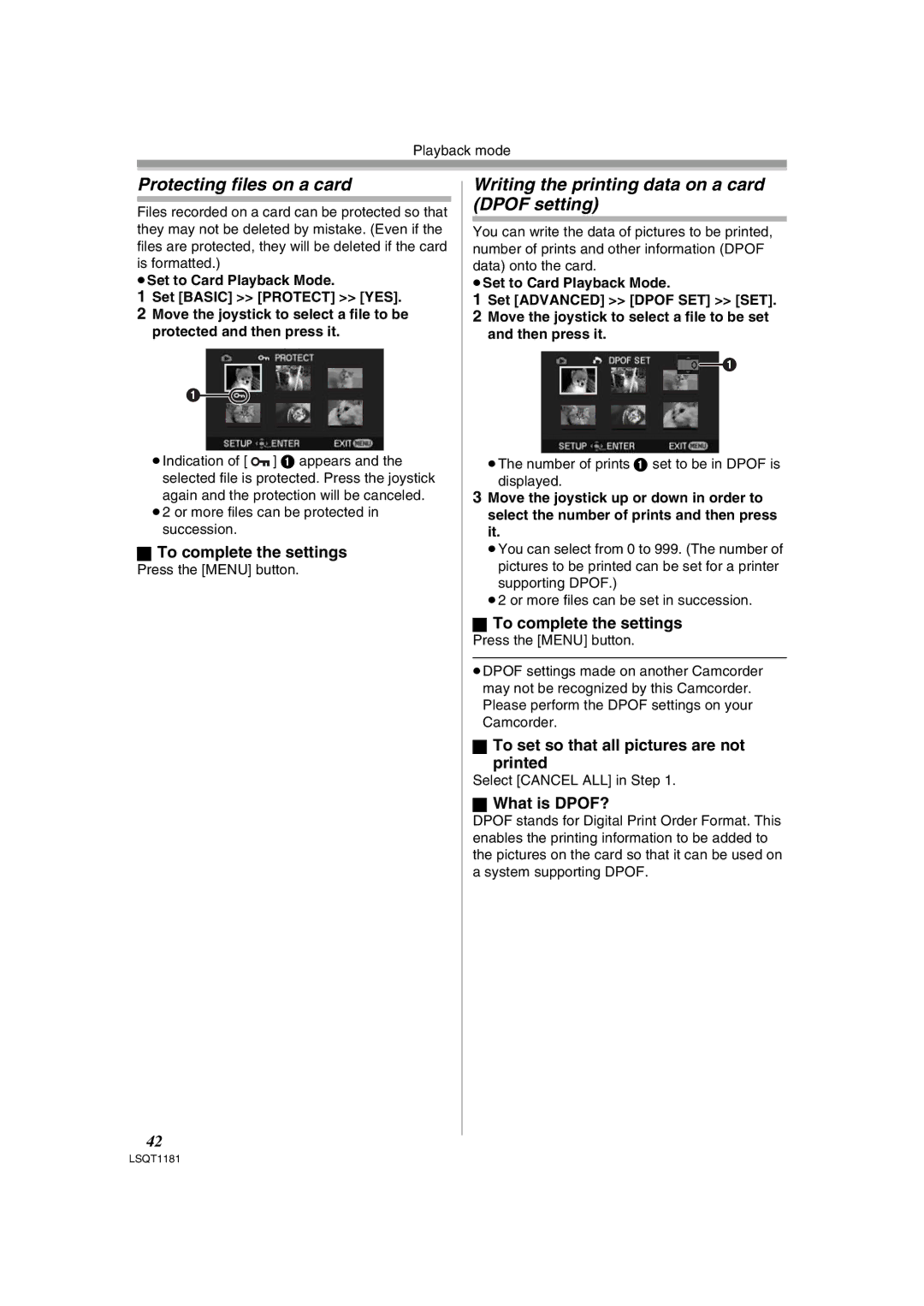 Panasonic PV-GS83 Protecting files on a card, Writing the printing data on a card Dpof setting, To complete the settings 