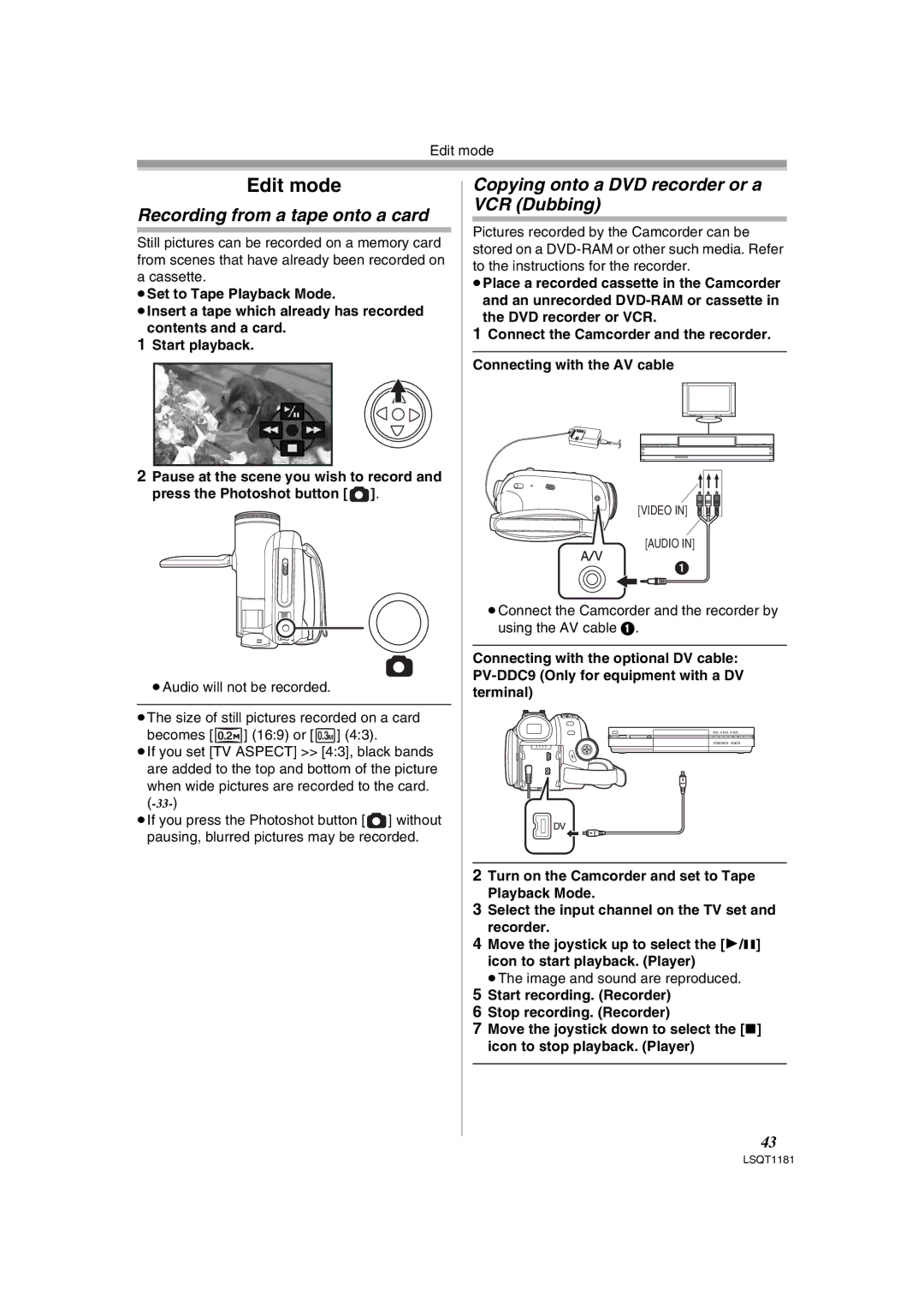 Panasonic PV-GS83 Recording from a tape onto a card, Copying onto a DVD recorder or a VCR Dubbing, Edit mode 