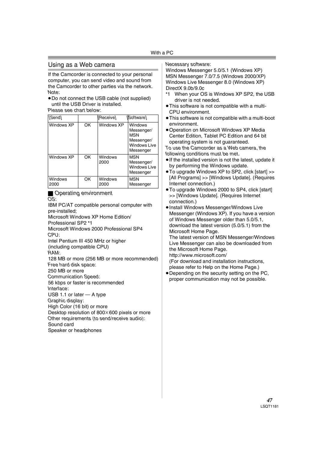 Panasonic PV-GS83 operating instructions Using as a Web camera, Operating environment 