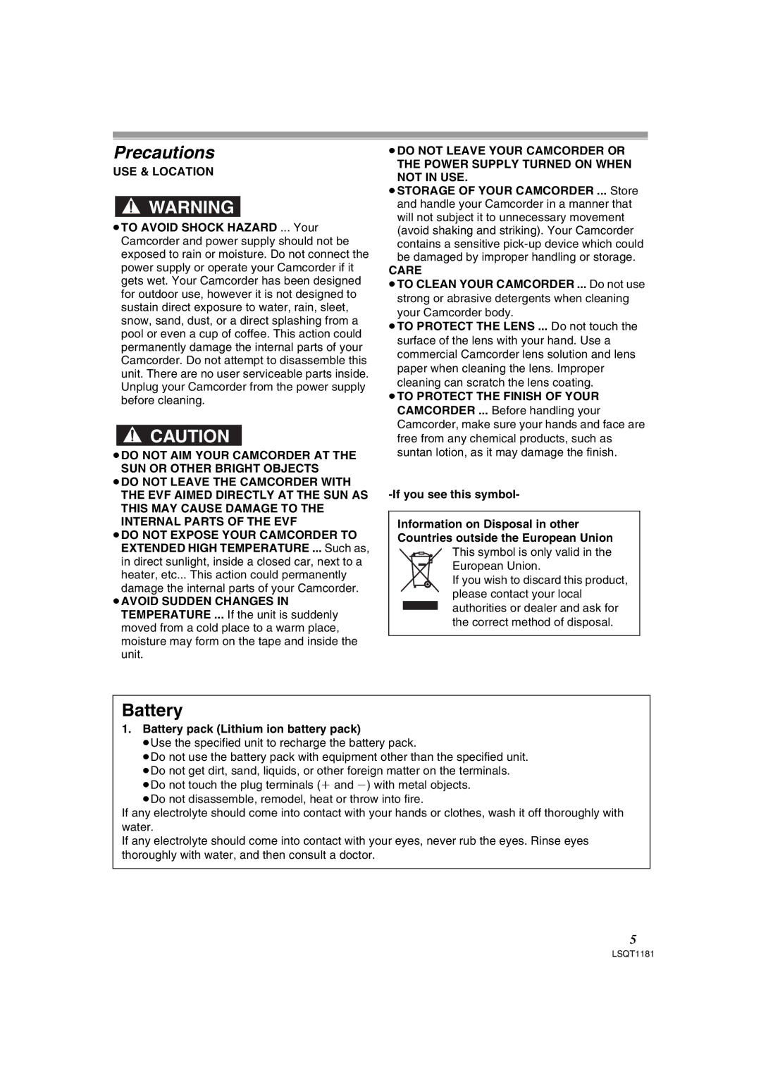 Panasonic PV-GS83 operating instructions Precautions, Battery pack Lithium ion battery pack 