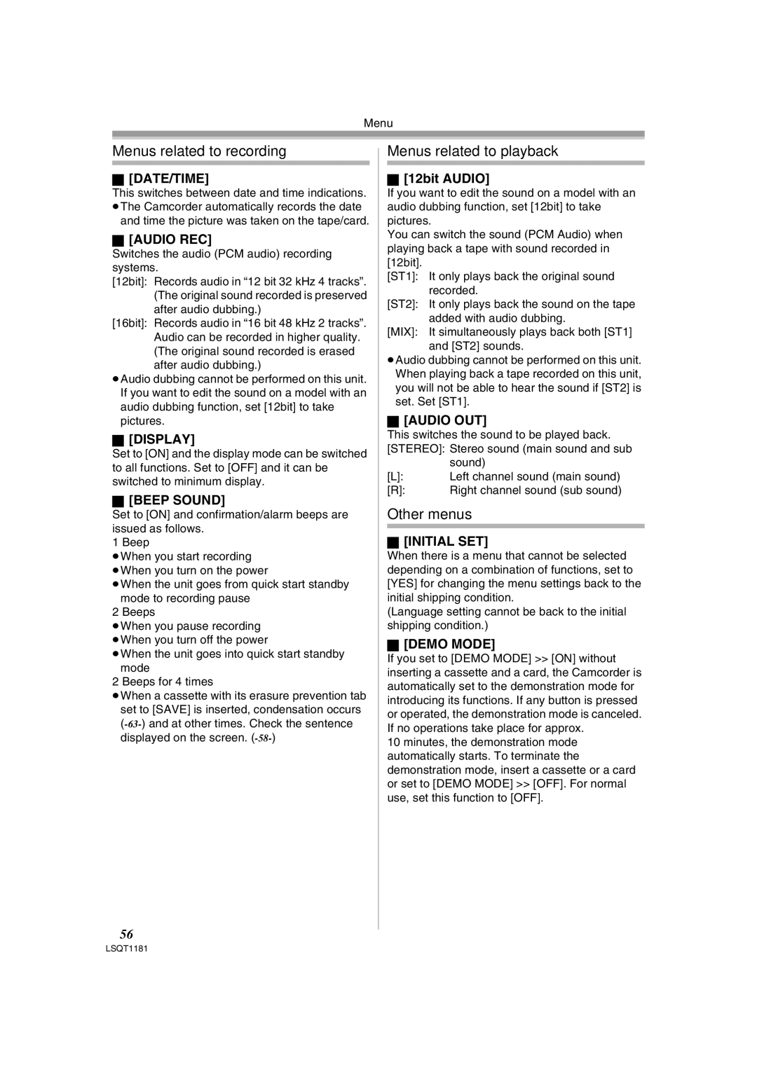 Panasonic PV-GS83 operating instructions Menus related to recording, Menus related to playback, Other menus 