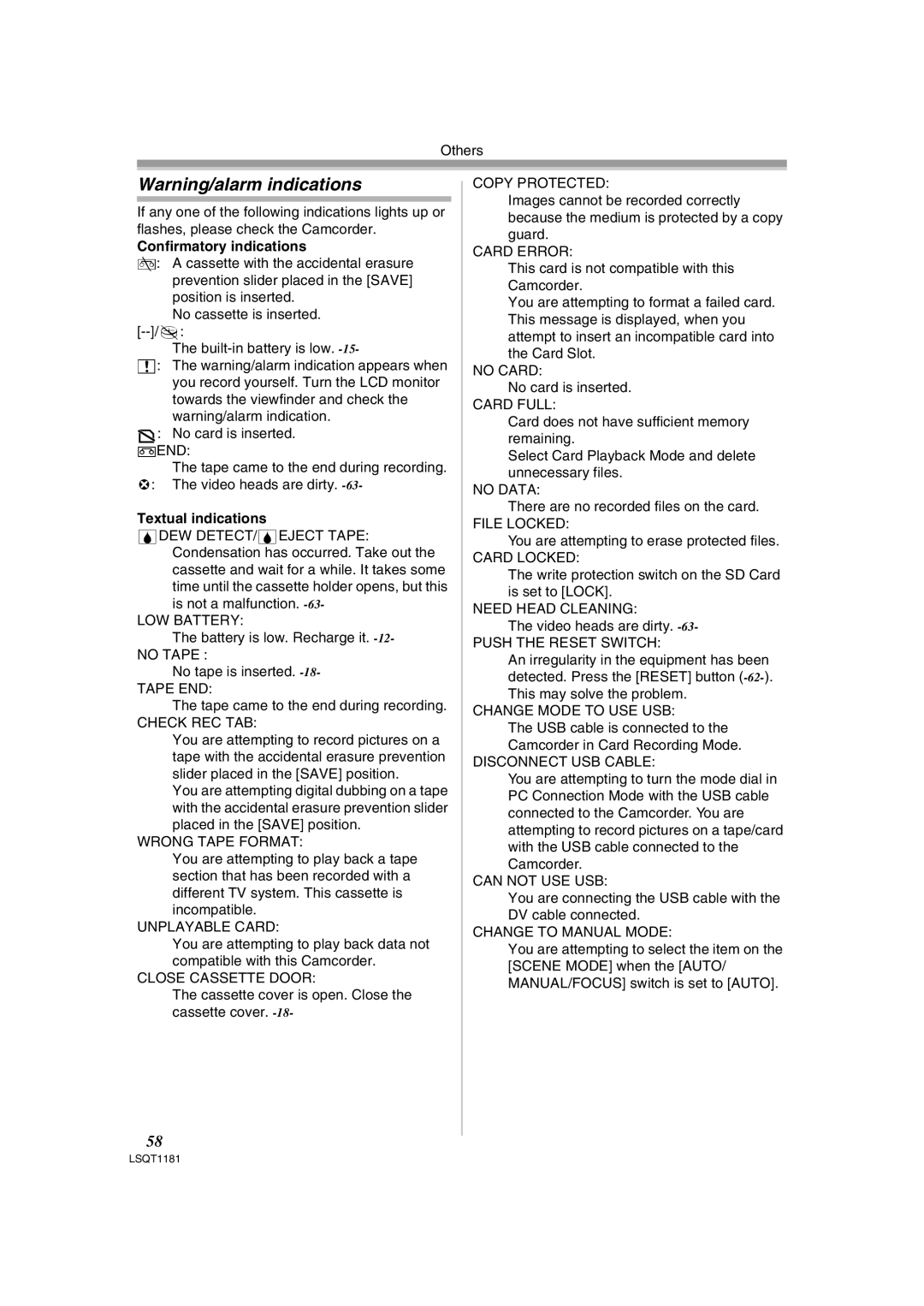 Panasonic PV-GS83 operating instructions Confirmatory indications, Textual indications 