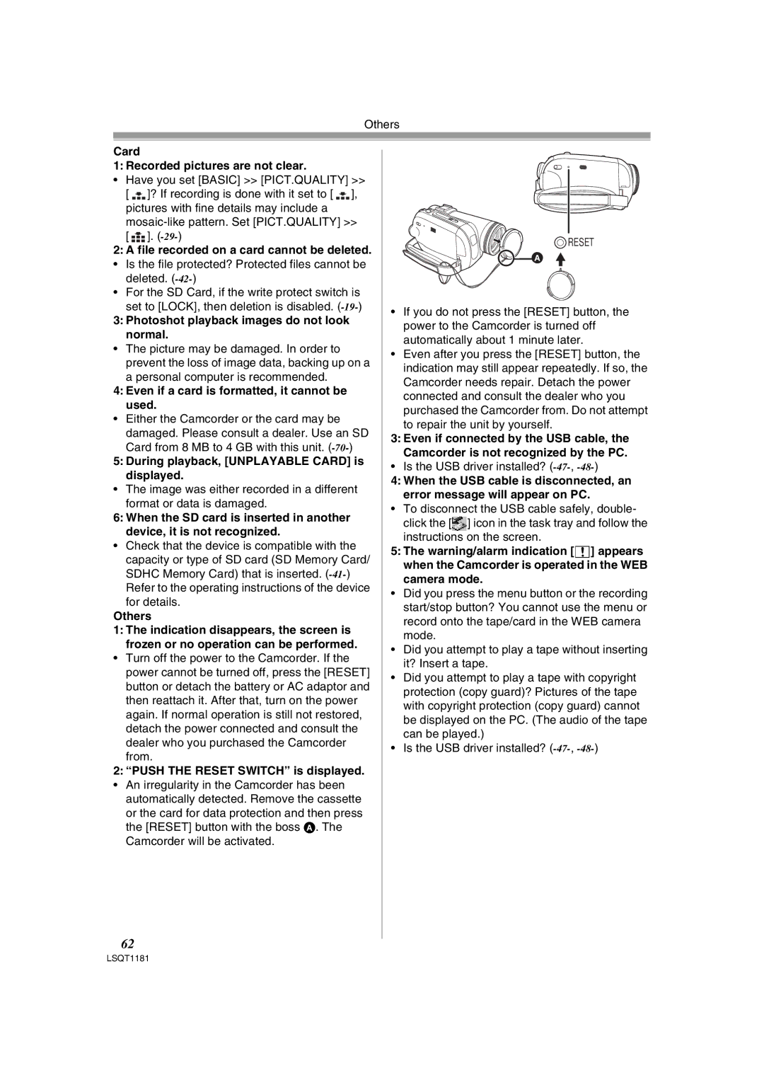 Panasonic PV-GS83 operating instructions Card Recorded pictures are not clear, Photoshot playback images do not look normal 