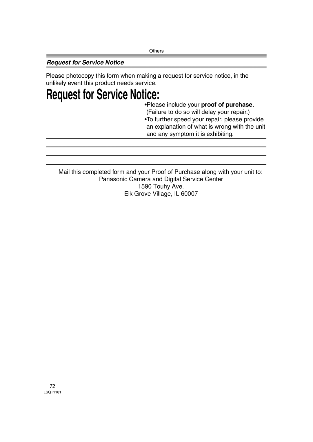 Panasonic PV-GS83 operating instructions Request for Service Notice 