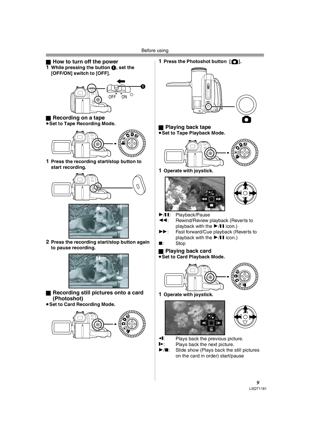 Panasonic PV-GS83 How to turn off the power, Recording on a tape, Recording still pictures onto a card Photoshot 