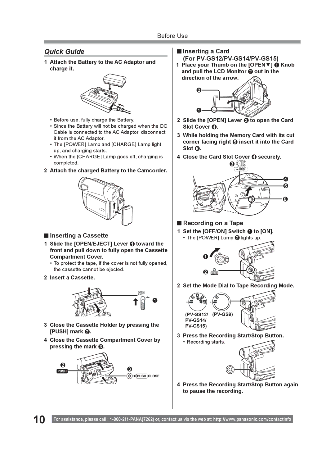 Panasonic PV-GS9 Quick Guide, Inserting a Cassette, Inserting a Card For PV-GS12/PV-GS14/PV-GS15, Recording on a Tape 