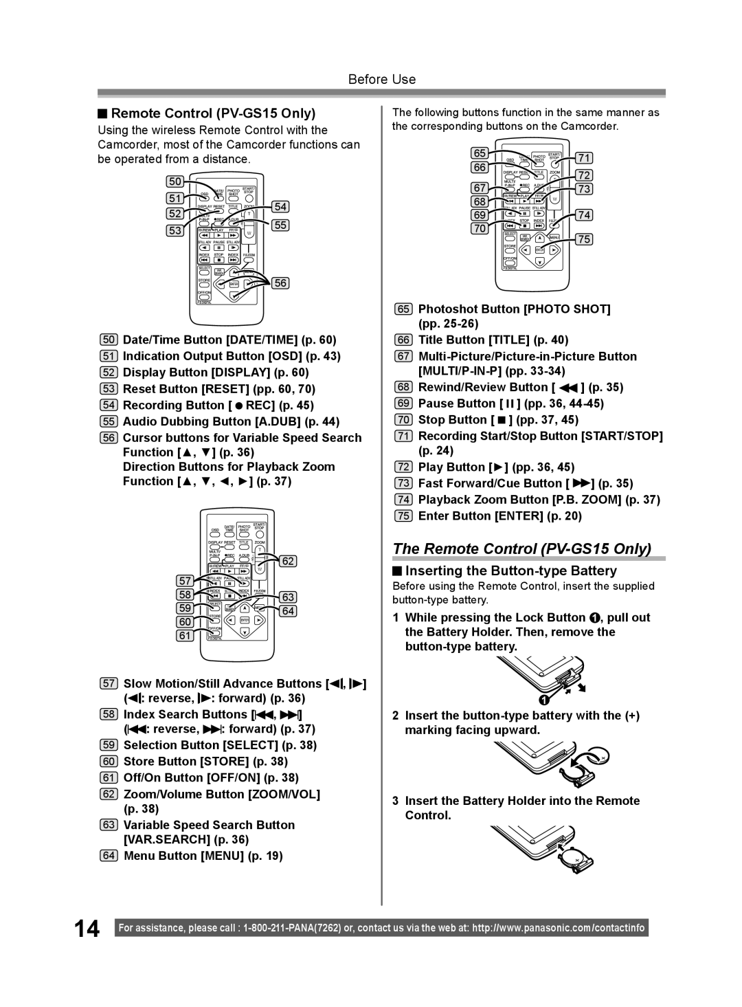 Panasonic PV-GS9 operating instructions Remote Control PV-GS15 Only, Inserting the Button-type Battery 