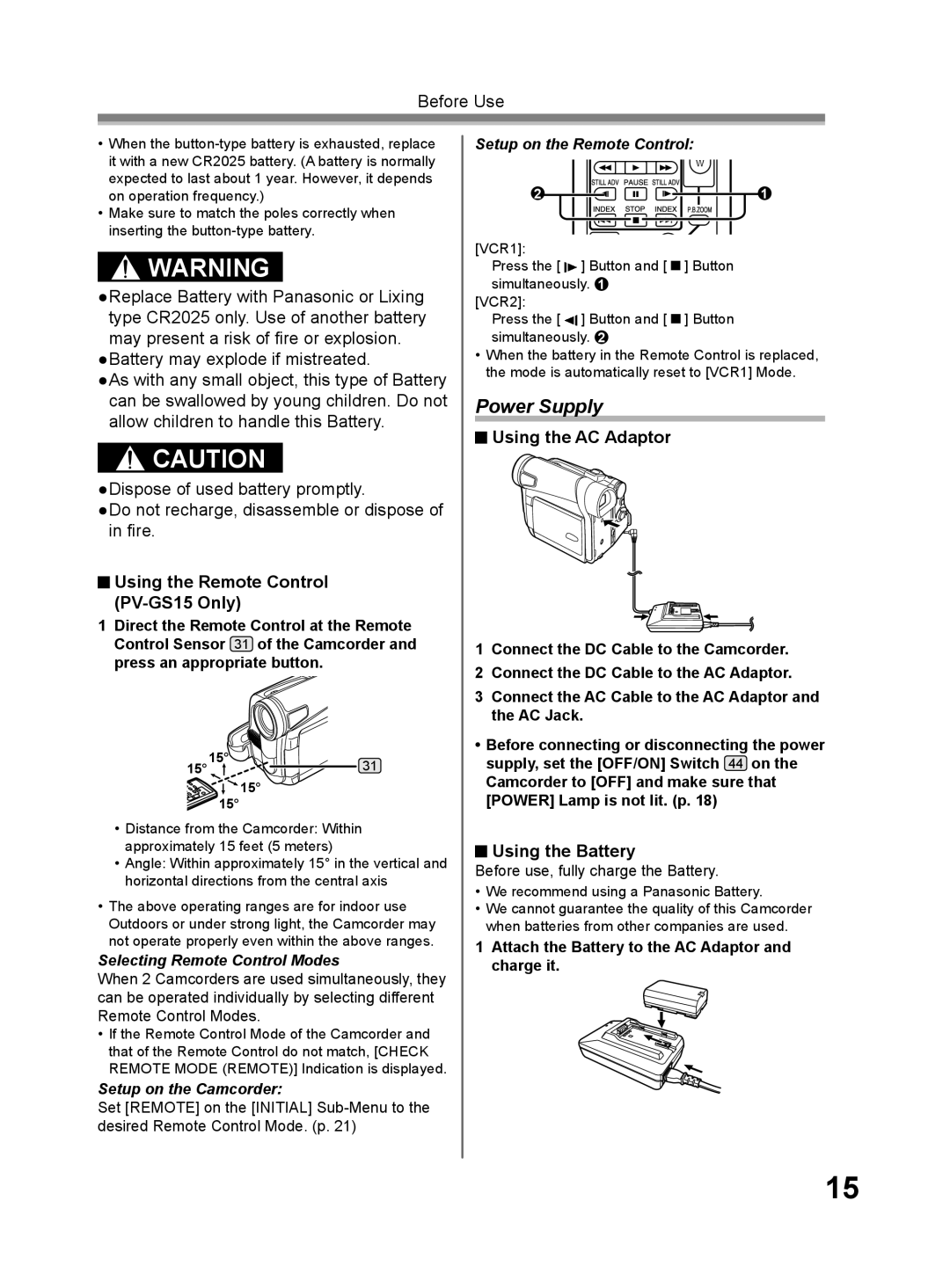 Panasonic PV-GS9 Power Supply, Using the Remote Control PV-GS15 Only, Using the AC Adaptor, Using the Battery 