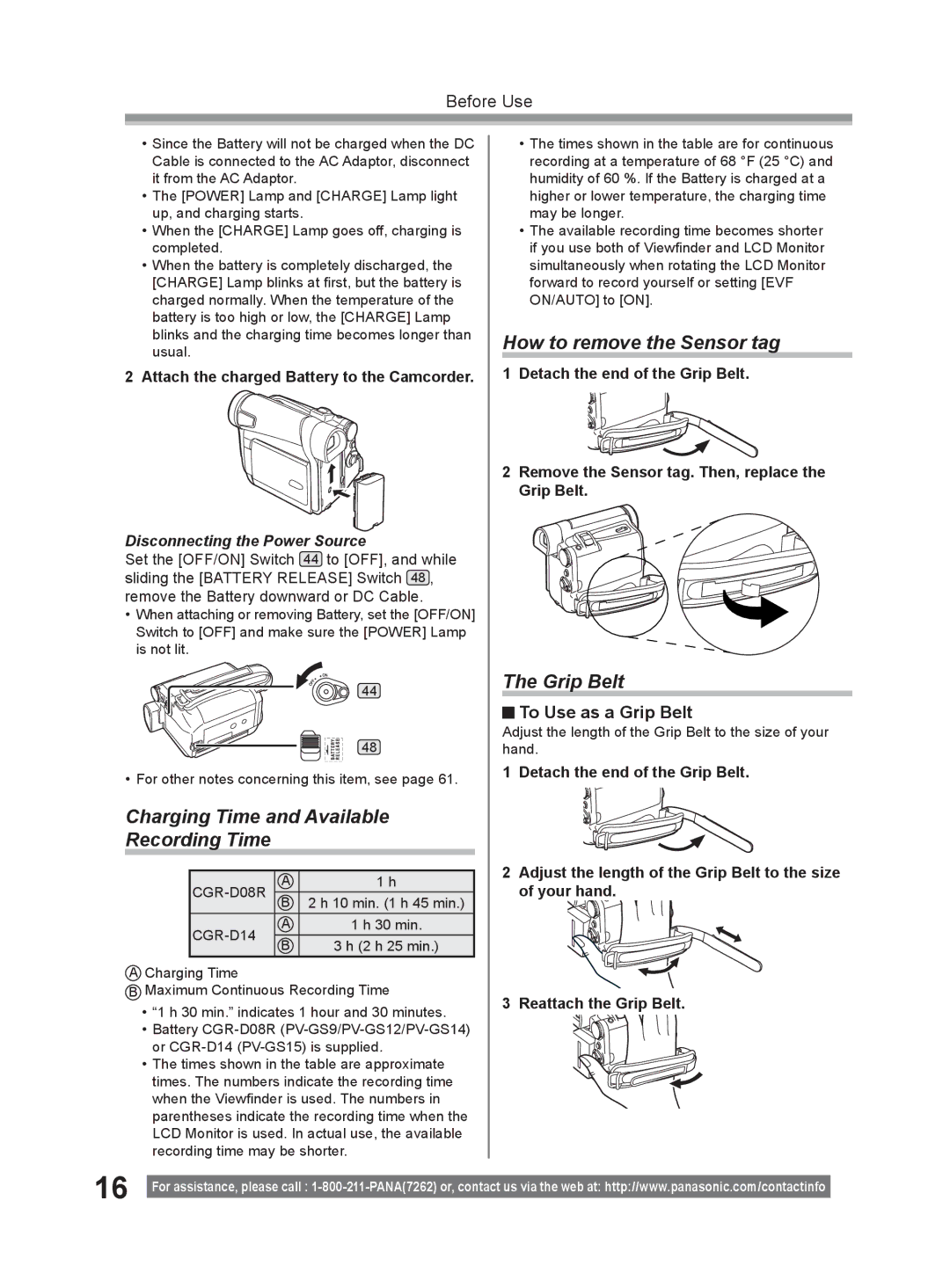 Panasonic PV-GS9 operating instructions Charging Time and Available Recording Time, How to remove the Sensor tag, Grip Belt 