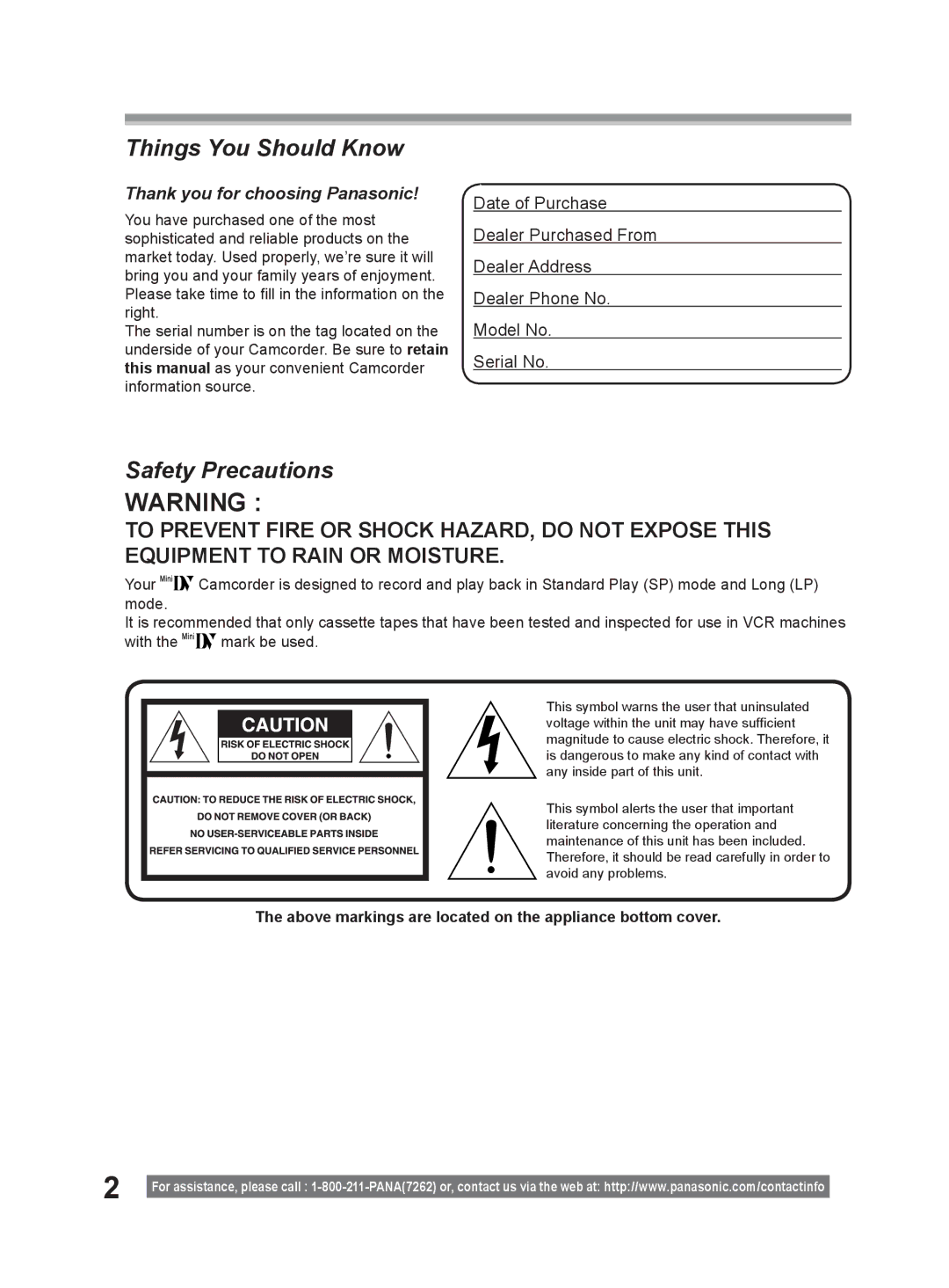 Panasonic PV-GS9 operating instructions Things You Should Know, Above markings are located on the appliance bottom cover 