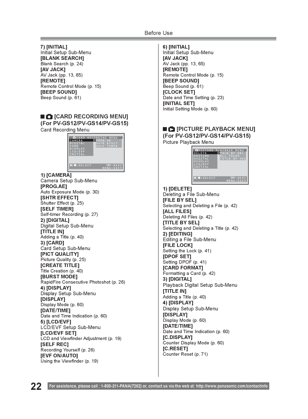 Panasonic PV-GS9 Card Recording Menu For PV-GS12/PV-GS14/PV-GS15, Picture Playback Menu For PV-GS12/PV-GS14/PV-GS15 