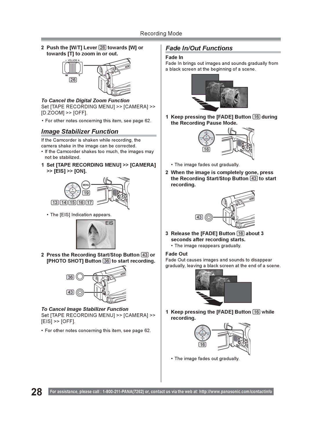 Panasonic PV-GS9 Image Stabilizer Function, Fade In/Out Functions, To Cancel the Digital Zoom Function 