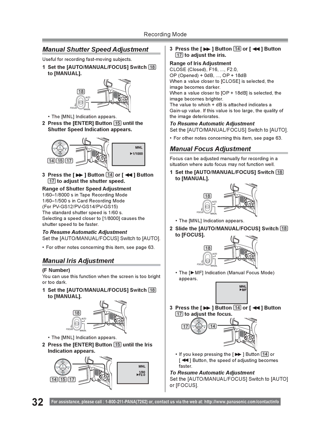 Panasonic PV-GS9 operating instructions Manual Shutter Speed Adjustment, Manual Iris Adjustment, Manual Focus Adjustment 