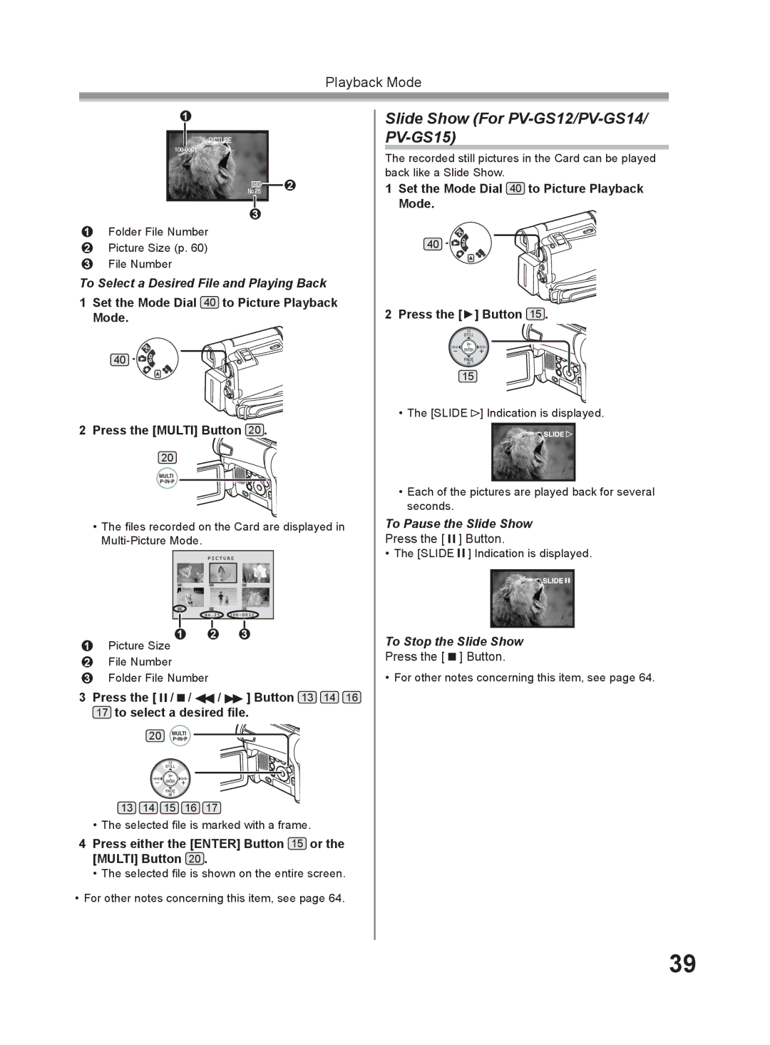 Panasonic PV-GS9 operating instructions Slide Show For PV-GS12/PV-GS14/ PV-GS15, To Select a Desired File and Playing Back 