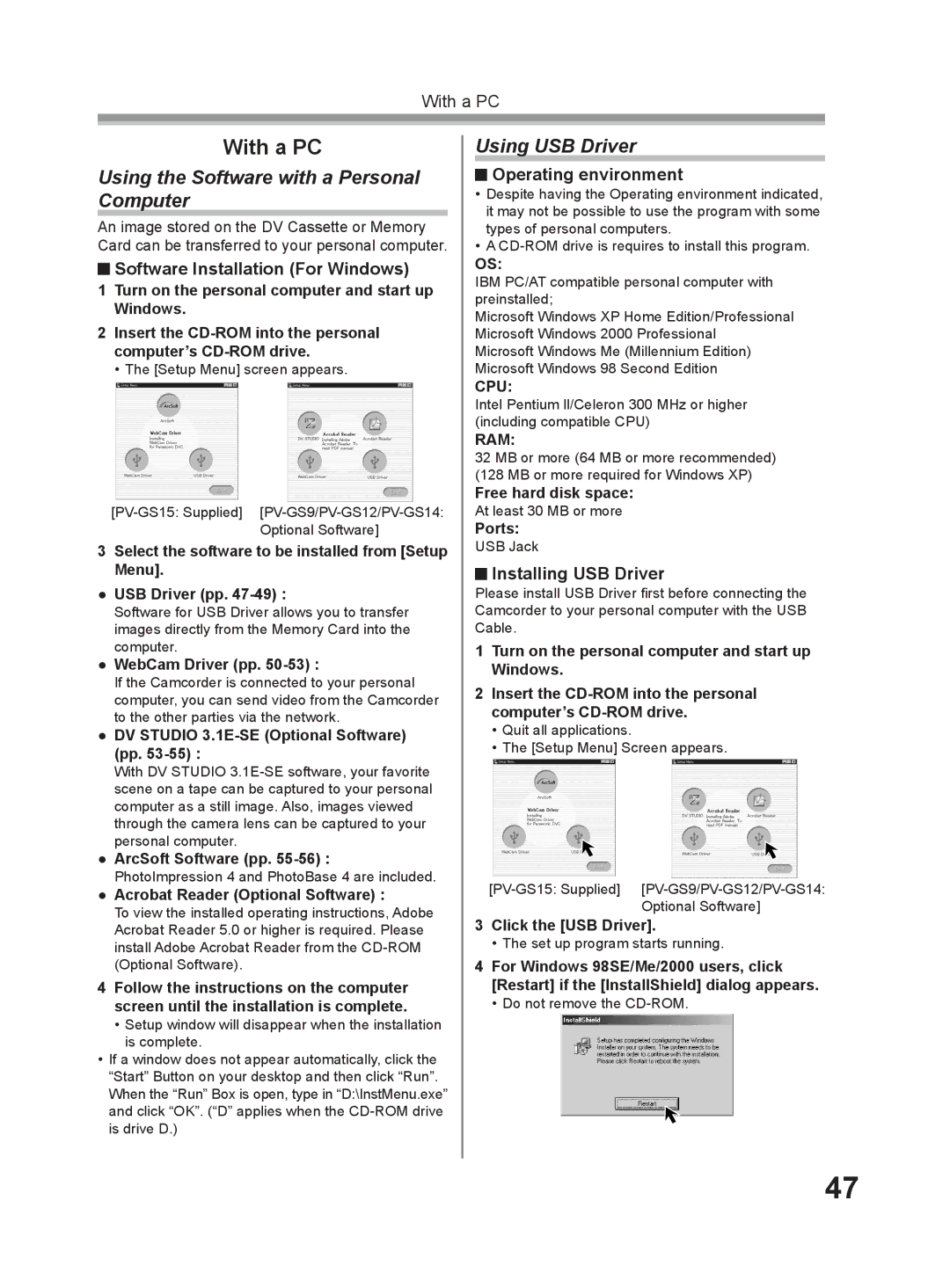 Panasonic PV-GS9 Using the Software with a Personal Computer, Using USB Driver, Software Installation For Windows 