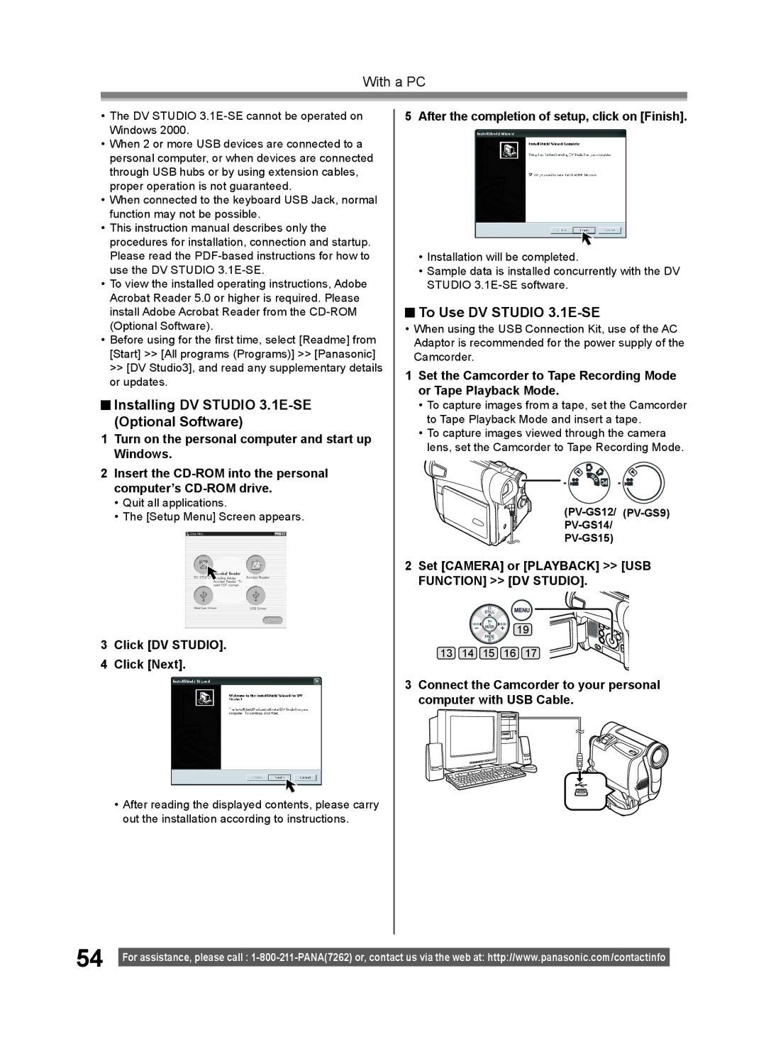 Panasonic PV-GS9 Installing DV Studio 3.1E-SE Optional Software, To Use DV Studio 3.1E-SE, Click DV Studio Click Next 