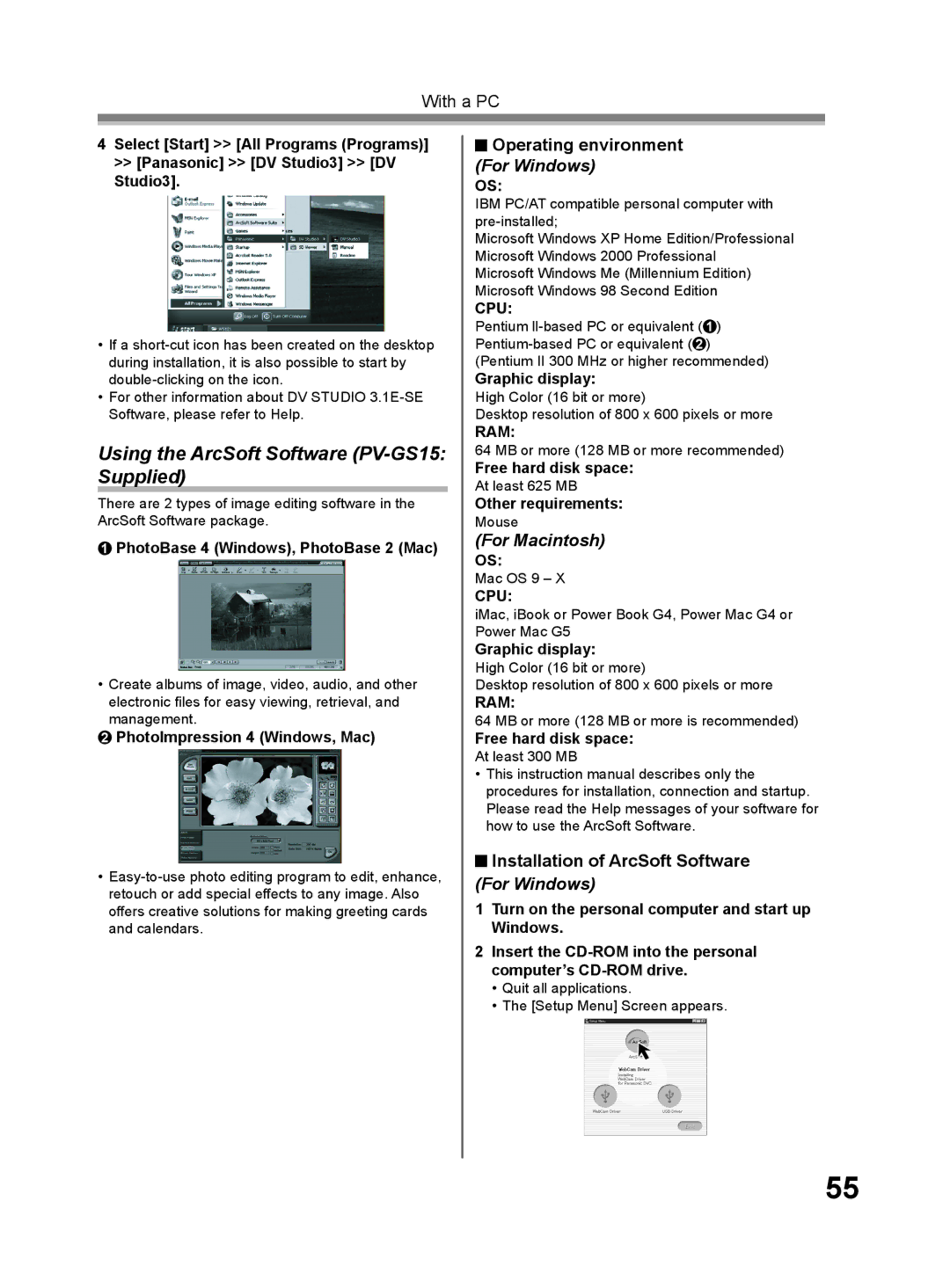 Panasonic PV-GS9 operating instructions Using the ArcSoft Software PV-GS15 Supplied, Operating environment For Windows 