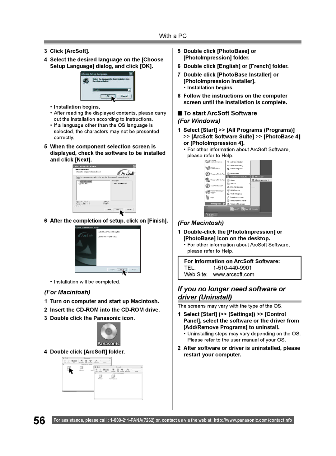 Panasonic PV-GS9 If you no longer need software or driver Uninstall, To start ArcSoft Software For Windows, Click ArcSoft 