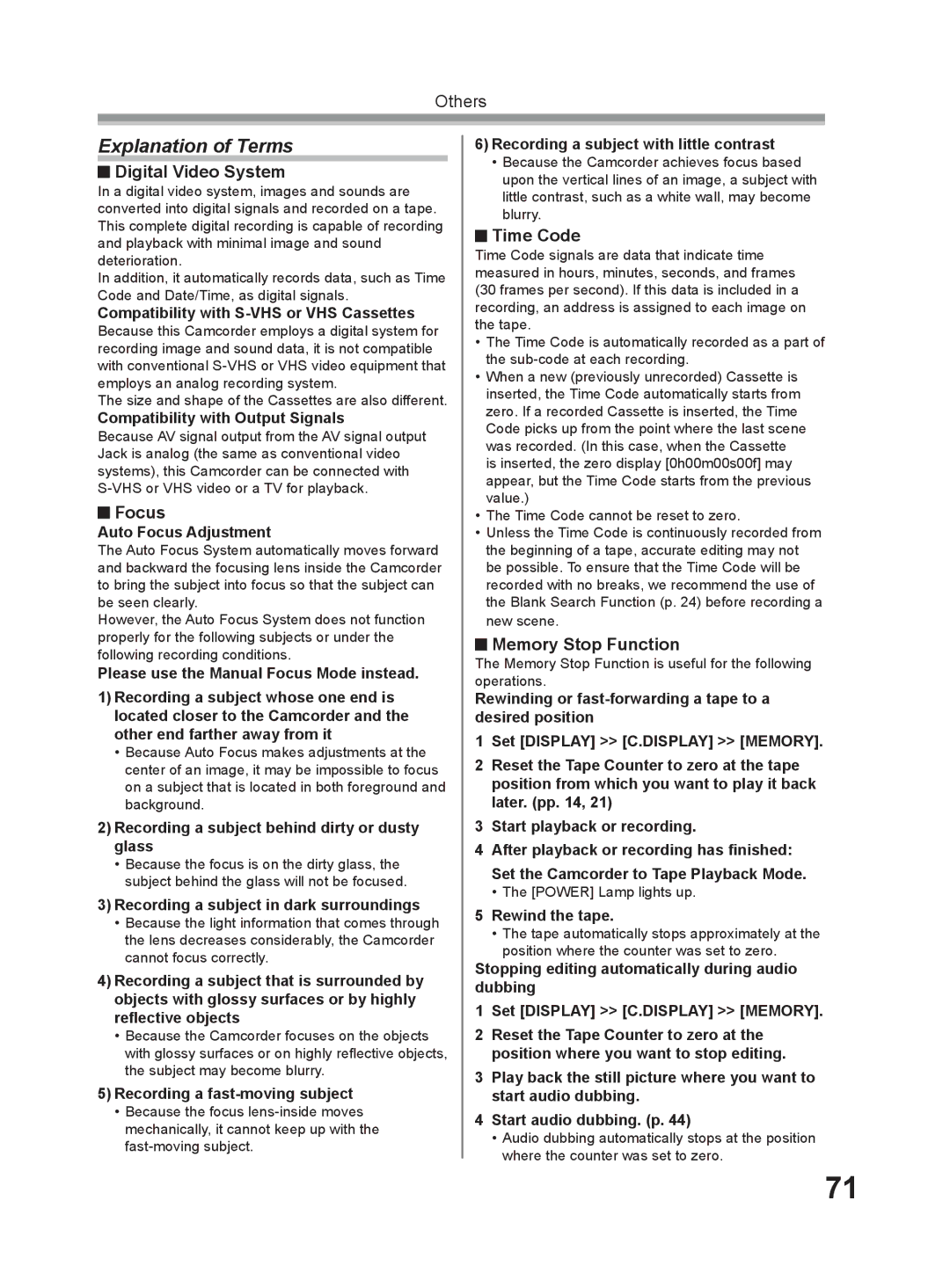 Panasonic PV-GS9 operating instructions Explanation of Terms, Digital Video System, Focus, Time Code, Memory Stop Function 