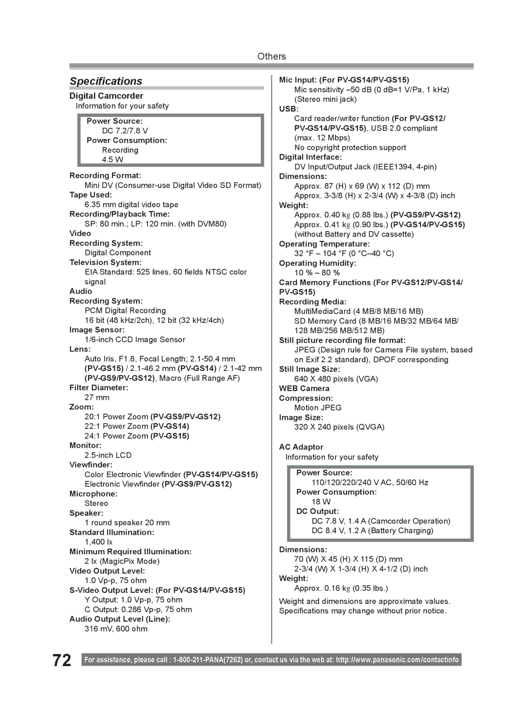 Panasonic PV-GS9 operating instructions Speciﬁcations, Digital Camcorder 