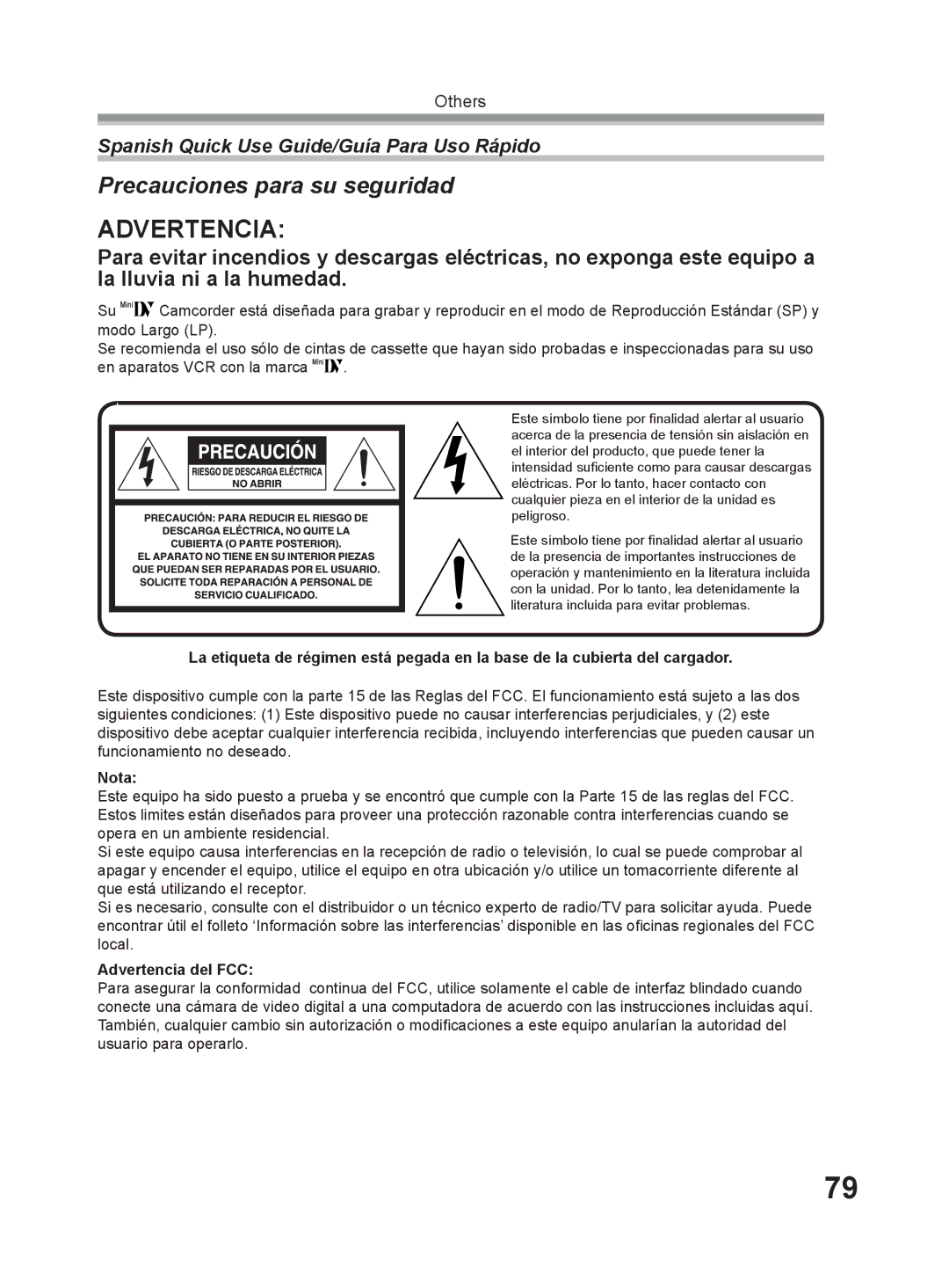 Panasonic PV-GS9 operating instructions Spanish Quick Use Guide/Guía Para Uso Rápido, Nota, Advertencia del FCC 