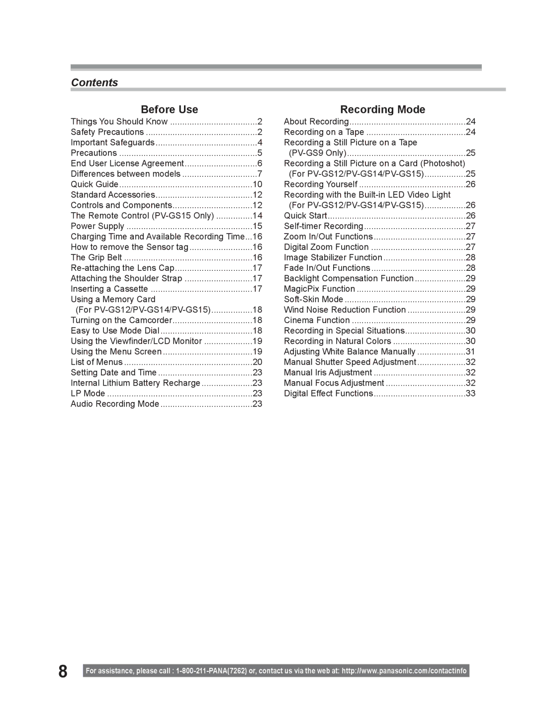 Panasonic PV-GS9 operating instructions Contents 