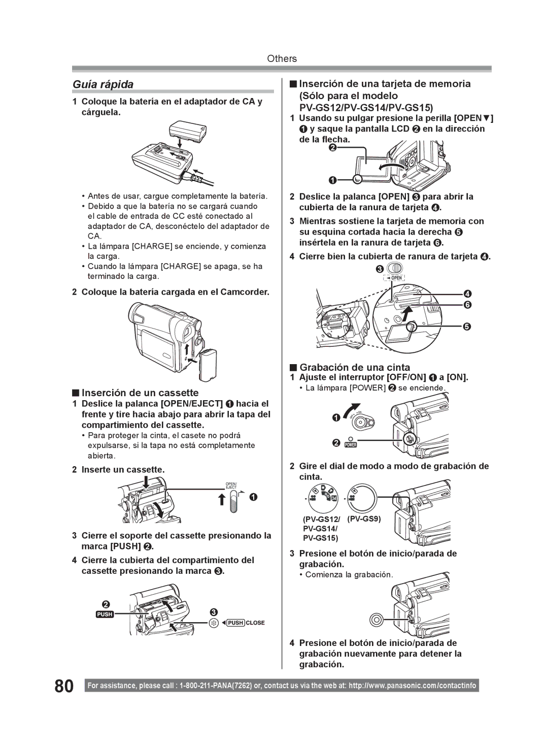 Panasonic PV-GS9 operating instructions Guía rápida, Inserción de un cassette, Grabación de una cinta 