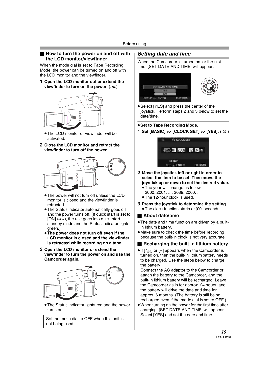 Panasonic PVGS90P, PV-GS90PL-S Setting date and time, About date/time, Recharging the built-in lithium battery 