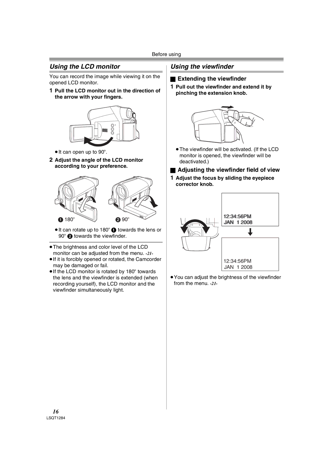 Panasonic PV-GS90PL-S, PVGS90P operating instructions Using the LCD monitor, Using the viewfinder, Extending the viewfinder 