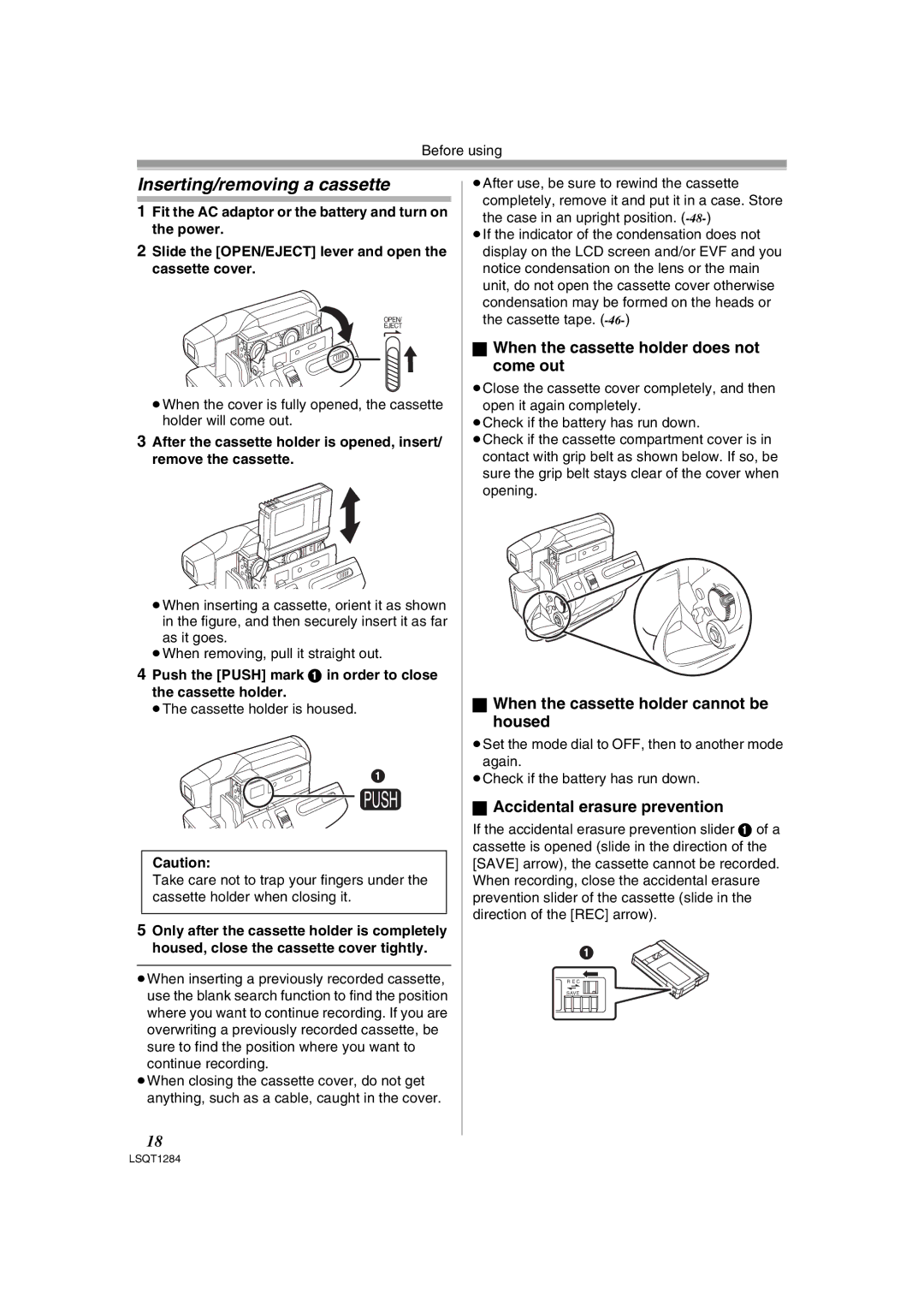 Panasonic PV-GS90PL-S, PVGS90P Inserting/removing a cassette, When the cassette holder does not come out 