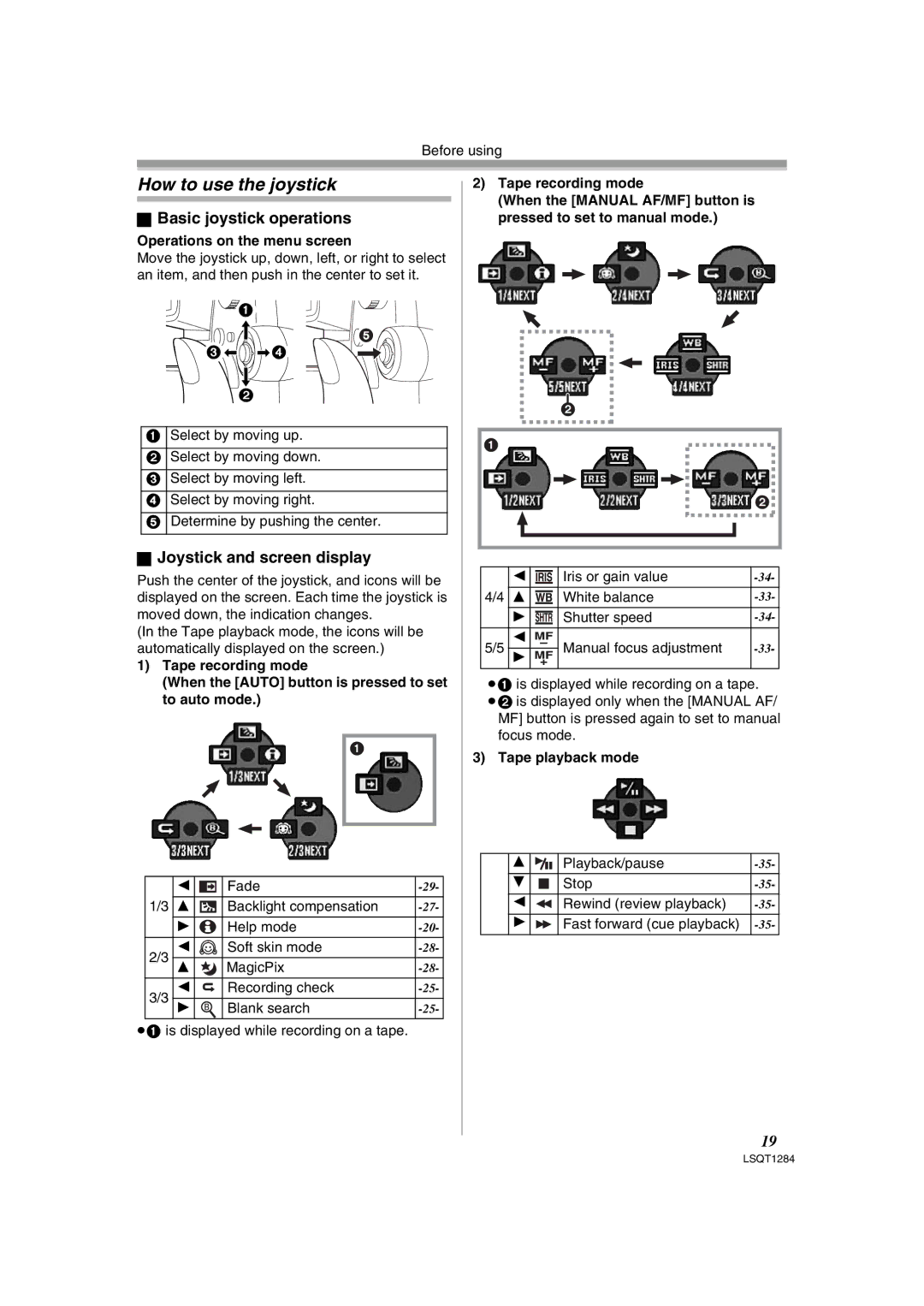 Panasonic PVGS90P How to use the joystick, Basic joystick operations, Joystick and screen display, Tape playback mode 