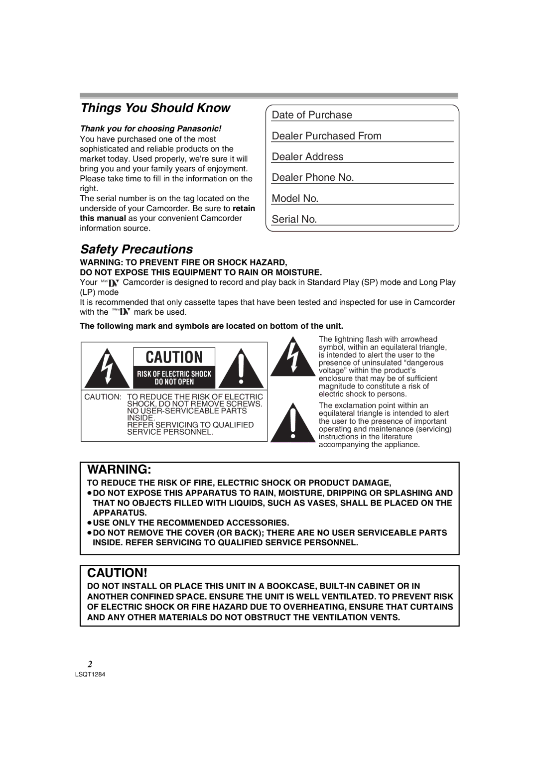 Panasonic PV-GS90PL-S, PVGS90P operating instructions Do not Expose this Equipment to Rain or Moisture 